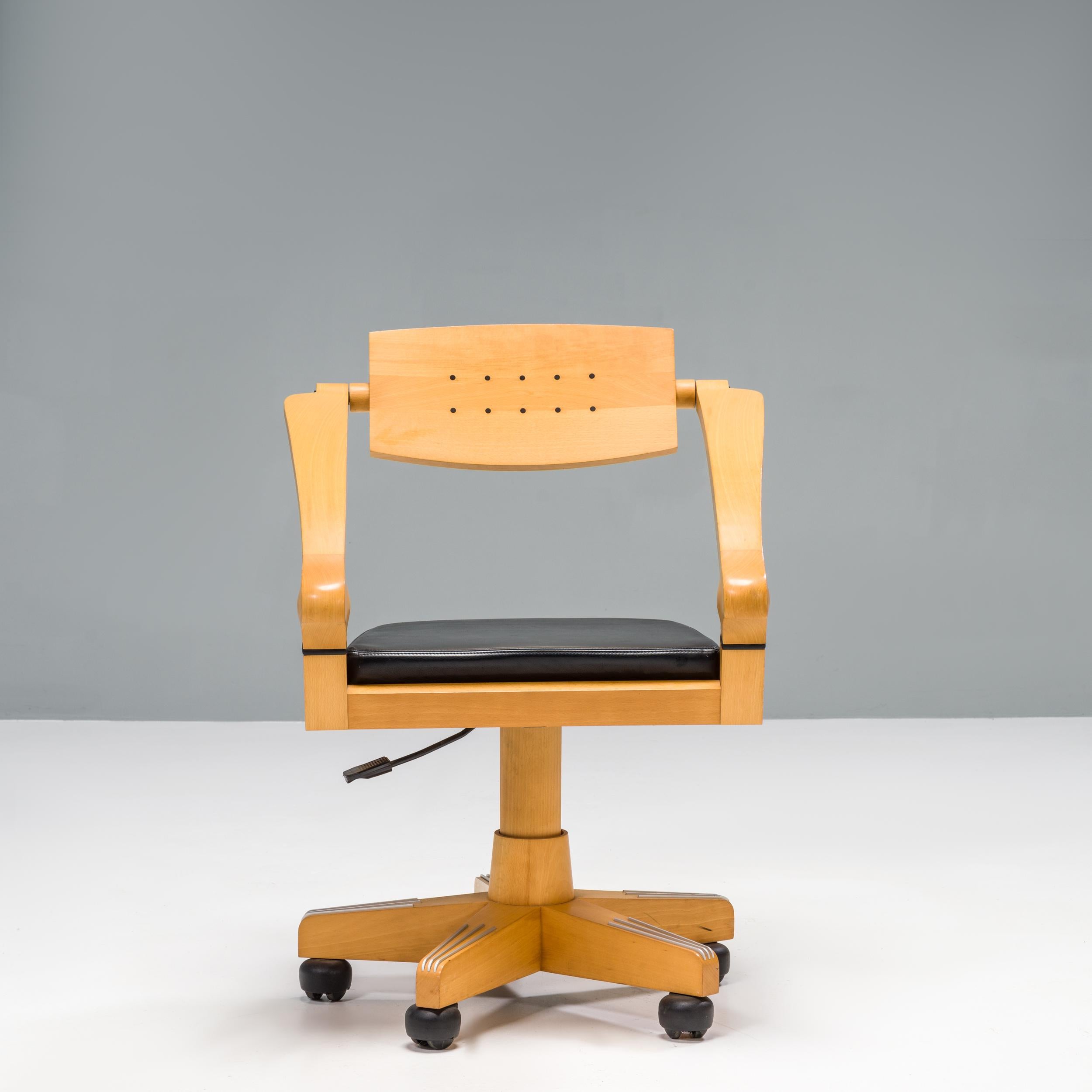 The Spring office chair was designed in 1994 by Massimo Scolari for Giorgetti to match the iconic Zeno desk.

Constructed from polished beechwood, the chair sits on a comfortable spring base with black wheels and anodised aluminium guard