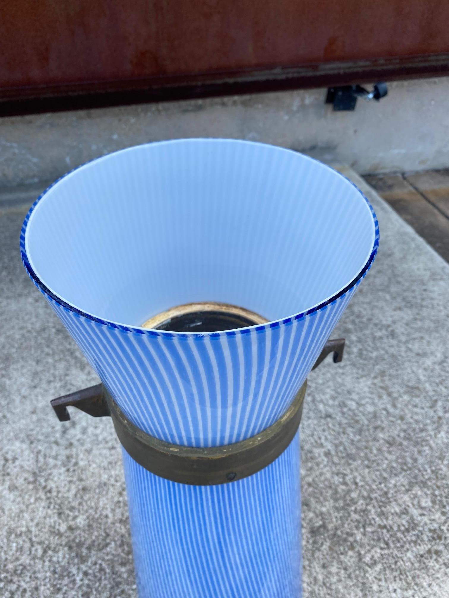 Bronze Massimo Vignelli Blue and White Venini Glass Pendant Lamp, Italy, 1950s For Sale