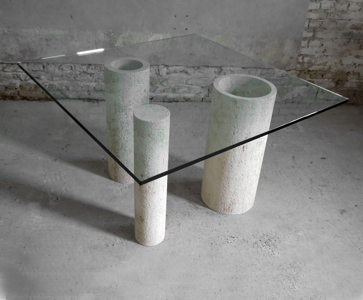 Mid-Century Modern Table de salle à manger en verre et travertin Massimo Vignelli pour Casigliani, 1980 en vente