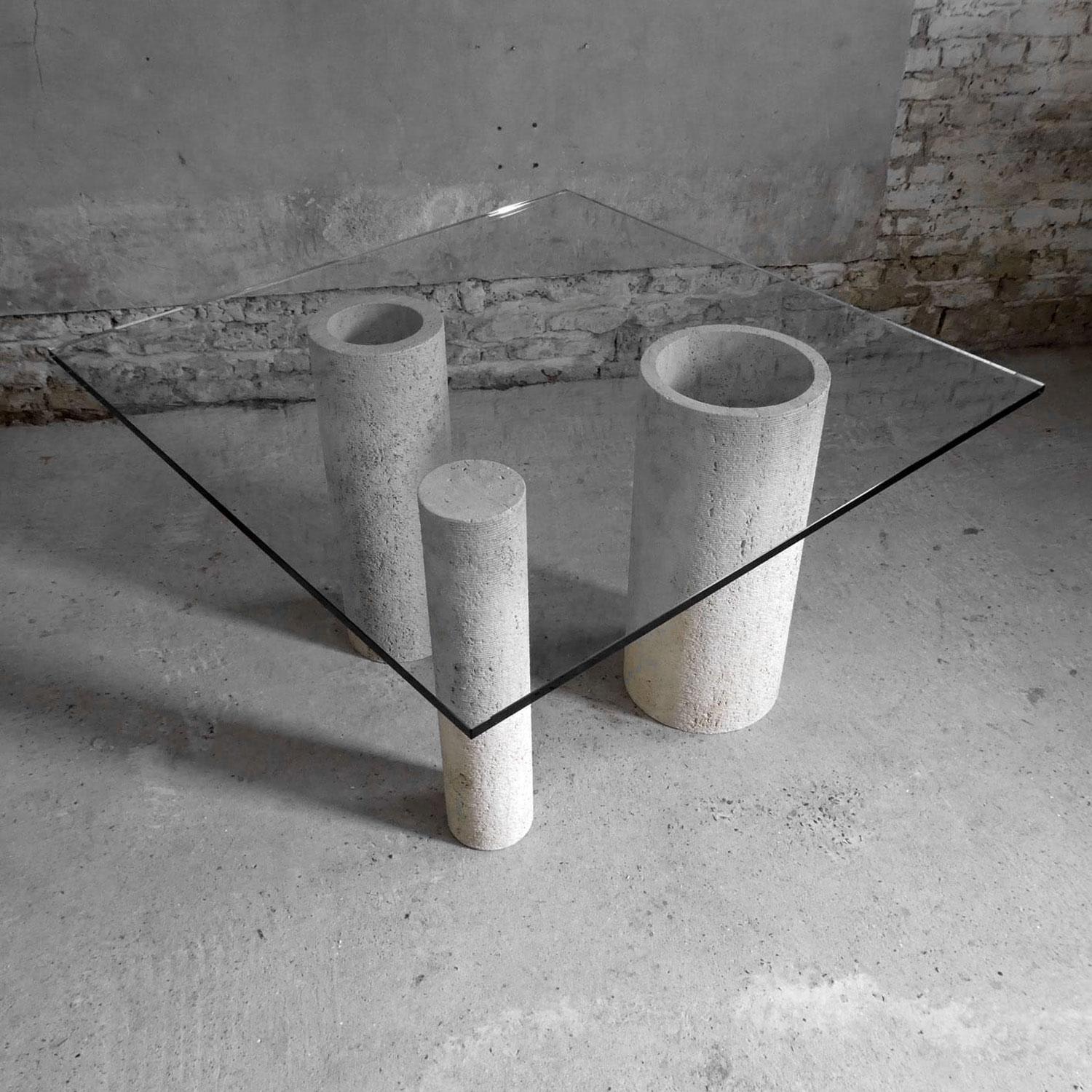 italien Table de salle à manger en verre et travertin Massimo Vignelli pour Casigliani, 1980 en vente