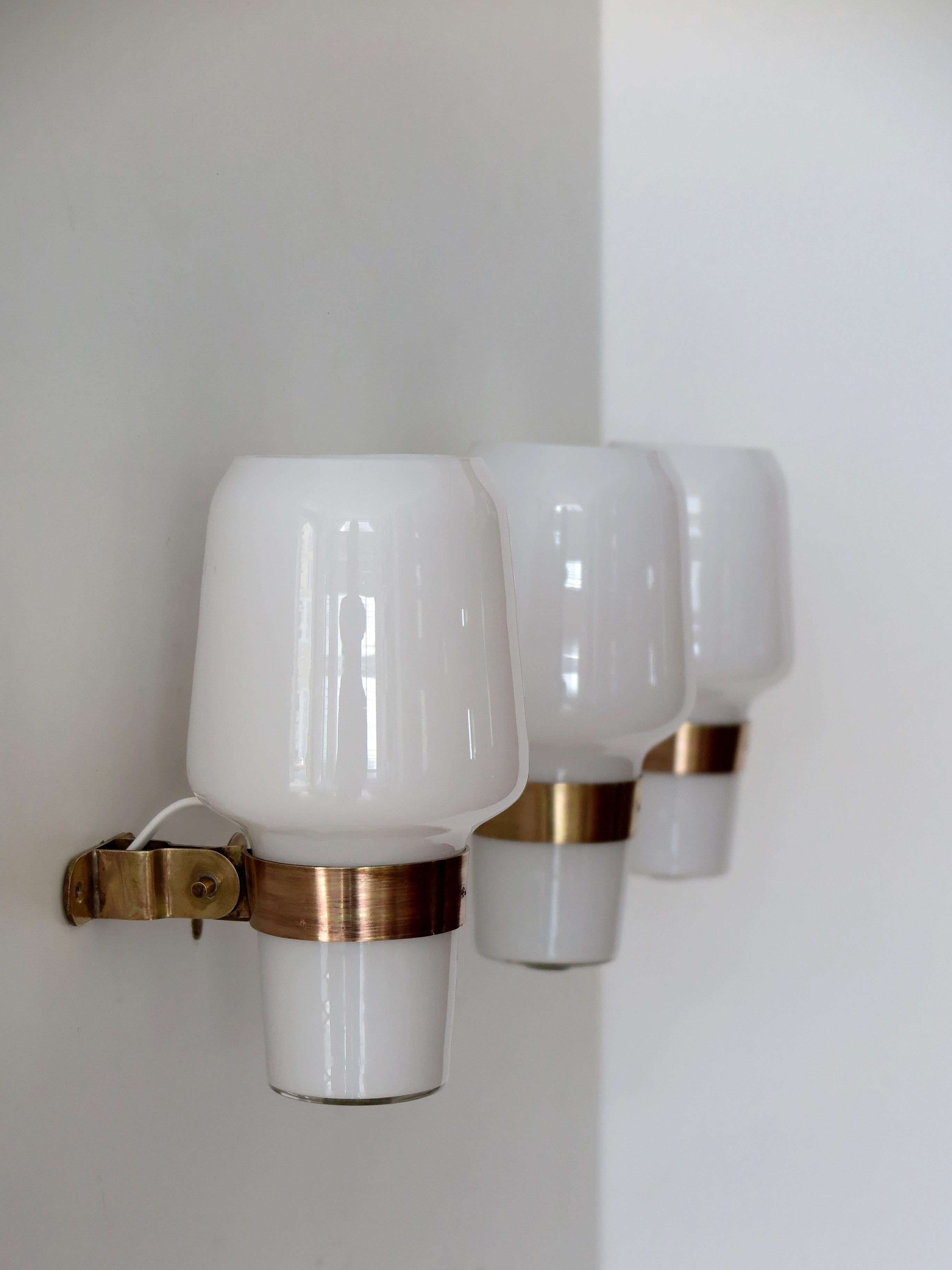 Mid-20th Century Massimo Vignelli for Venini Murano Italian Glass Brass Sconces Wall Lamps, 1950s For Sale