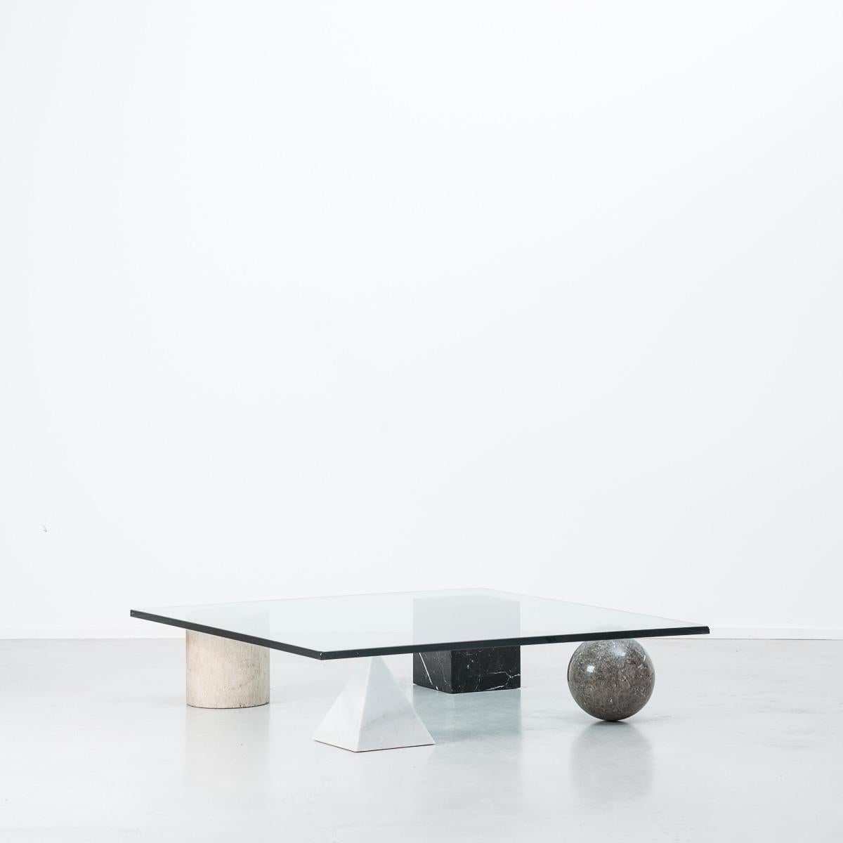 A stunning and sculptural coffee table inspired by the four forms of Euclidean geometry, the cube, the pyramid, the cylinder and the sphere. The four elements can be positioned freely for a unique composition. 

The elements are made from