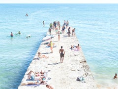 Carcavelos Pier Paddle (framed) - large scale photograph of summer beach scene