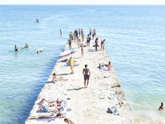 Carcavelos Pier Paddle (framed) - large scale photograph of summer beach scene