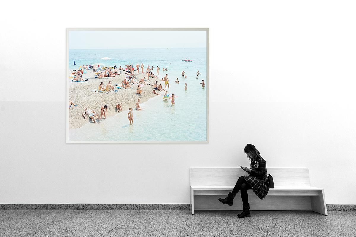 Piscina Das Mares (right), Portugal, 2016 by Massimo Vitali a large-format photograph by Italian photographer Massimo Vitali. 
Chromogenic silver halide photography print mounted on D-bond and white wood lacquered frame.
180 x 220 cm 
70,8' x 86,6'