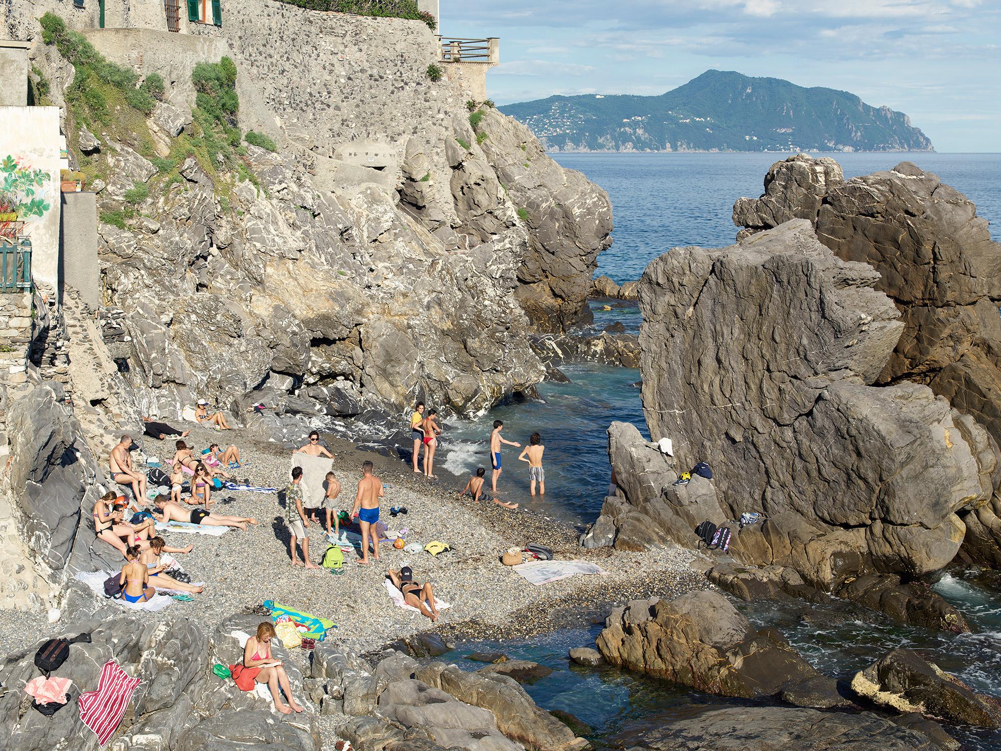 Photographic triptych composed of 'Nervi Sun', 'Nervi Cloud' and 'Nervi Dark', 2018 by Massimo Vitali a large-format photograph by Italian photographer Massimo Vitali. 
Chromogenic silver halide photography print mounted on D-bond and white wood