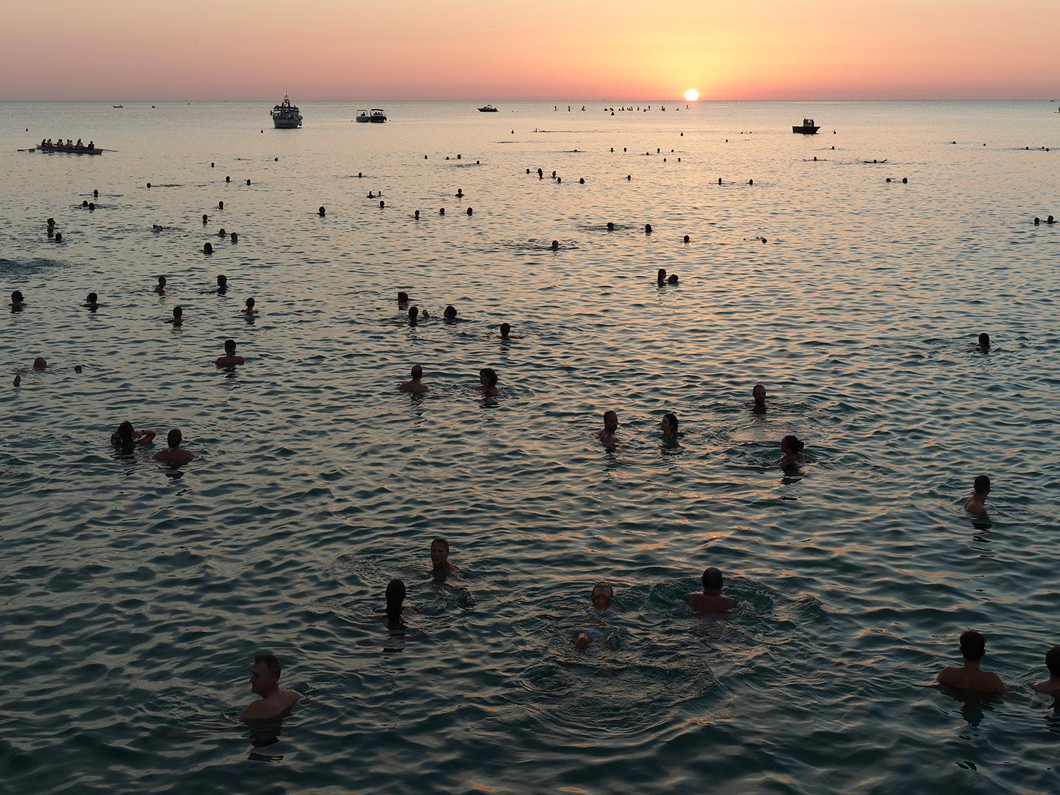 Massimo Vitali Landscape Print - Monopoli Sunrise (framed) - large scale photo of Mediterranean beach ritual