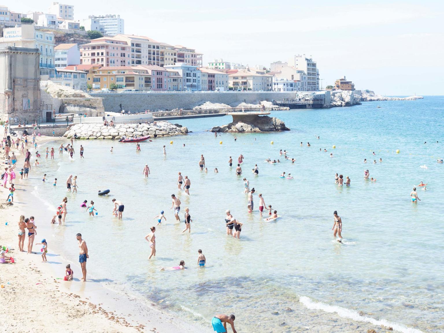 Plage des Catalans (framed) - large scale photograph of Mediterranean beach  - Print by Massimo Vitali