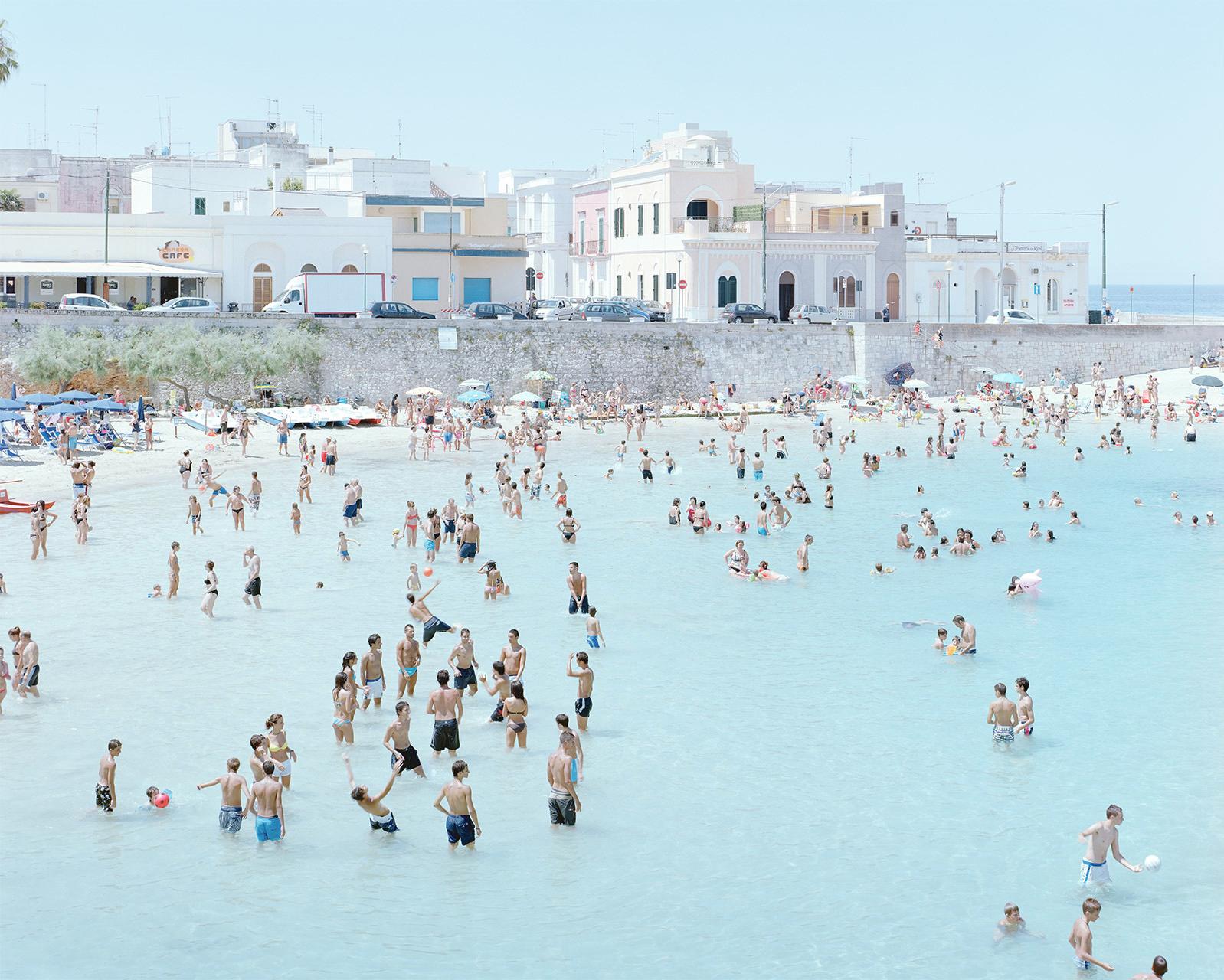 Santa Maria al Bagno diptych - large scale Mediterranean beach scene (framed) - Photograph by Massimo Vitali