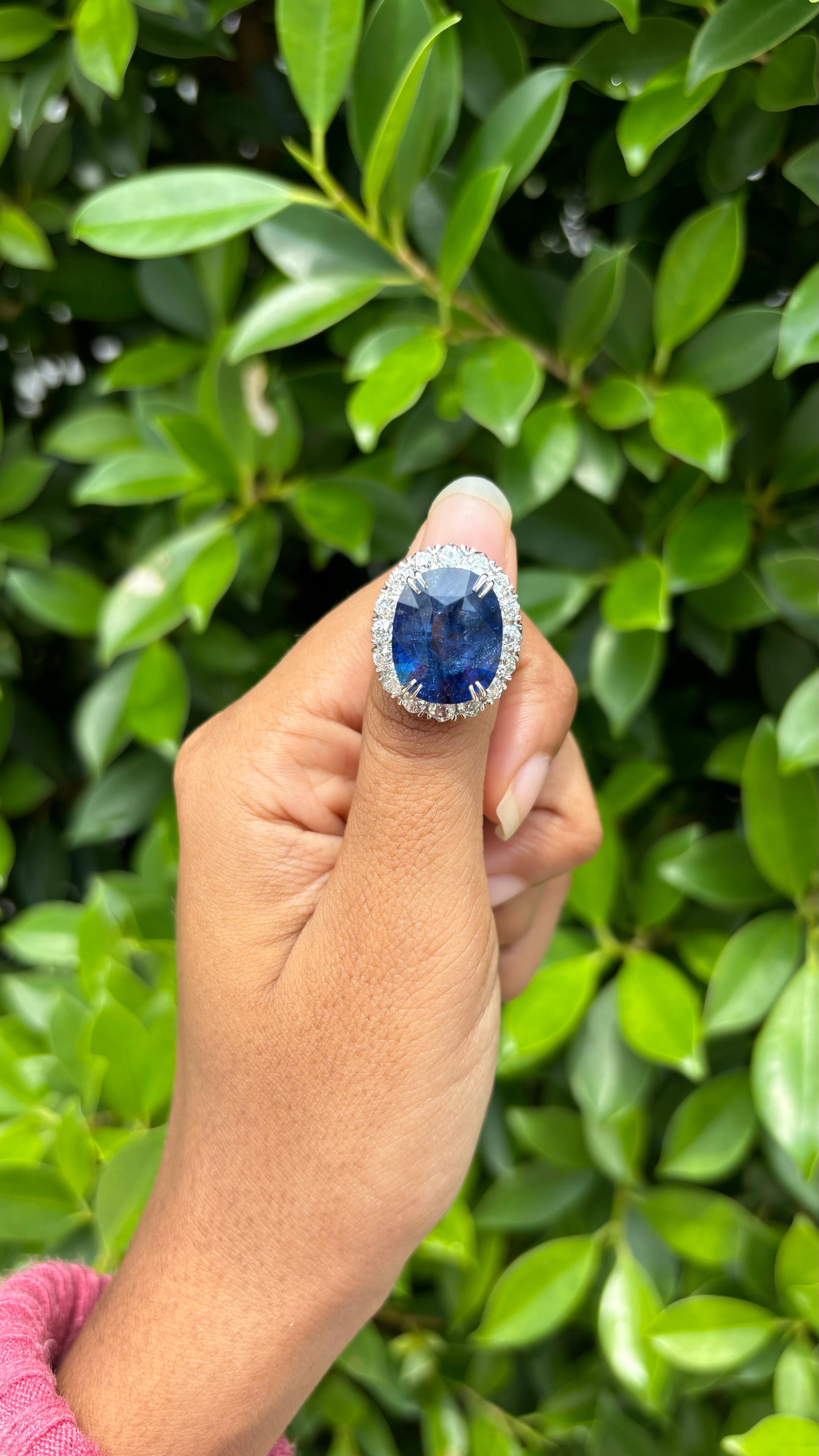 Oval Cut Massive 13.32ct Royal Blue Sapphire & OMC Diamonds Ring in 18K White Gold For Sale
