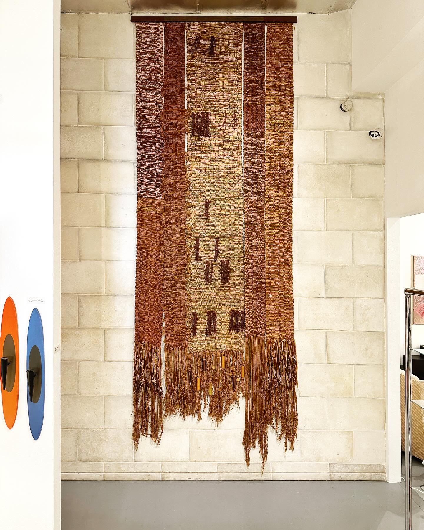 Massive Five-Panel Fiber Art Wall Hanging, ca 1970s. This tapestry measures just shy of 14 feet at 165 inches high and 60 inches wide. It has a wooden tapestry hanger bar that measures 60