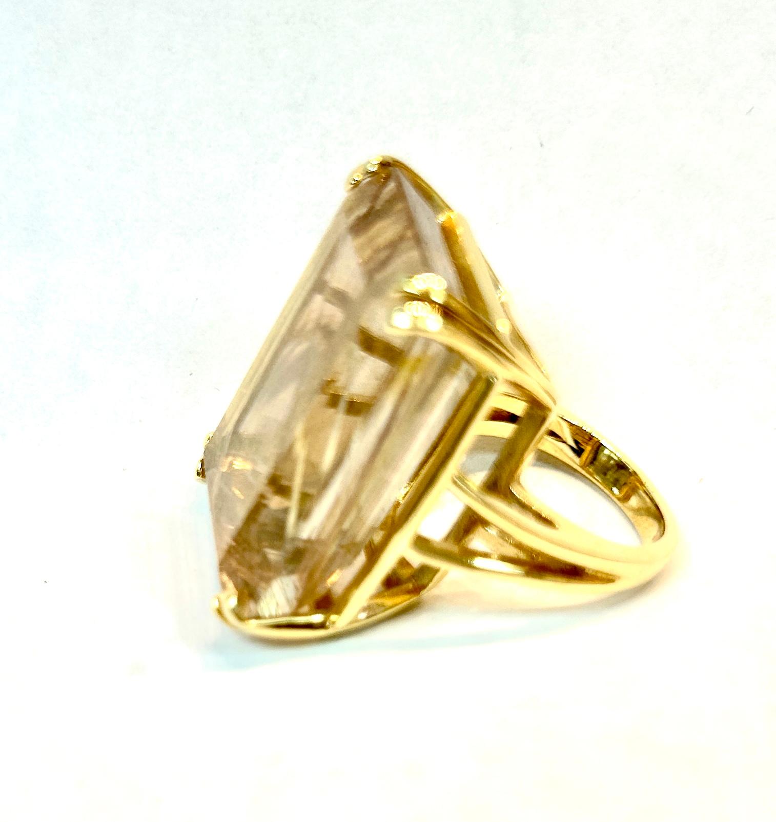 Emerald Cut Massive 14K Gold Mounted Pale Brown Topaz Cocktail Ring For Sale