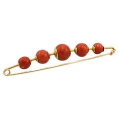 Massive 18 Karat Yellow Gold Red Coral Bead Safety Pin Brooch