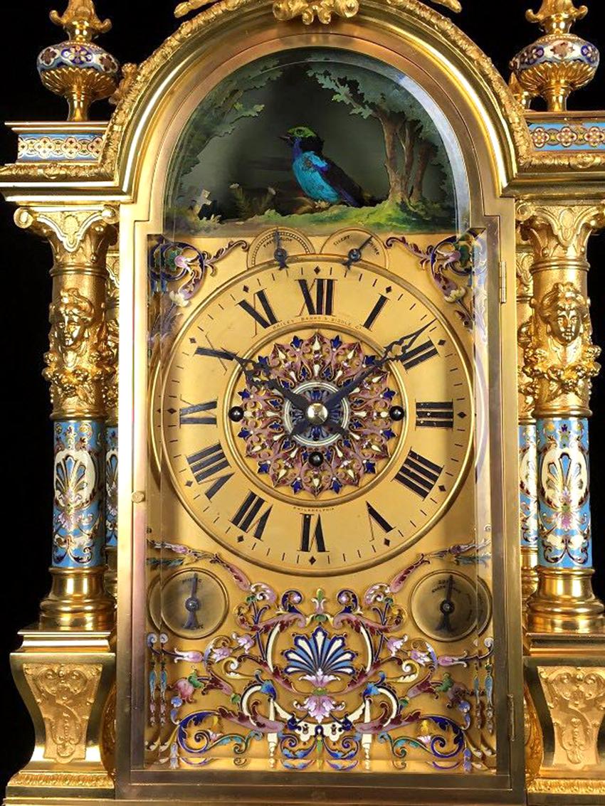 German Massive 1880 Antique Ormolu Bronze Enameled Automaton Musical Bracket Clock For Sale
