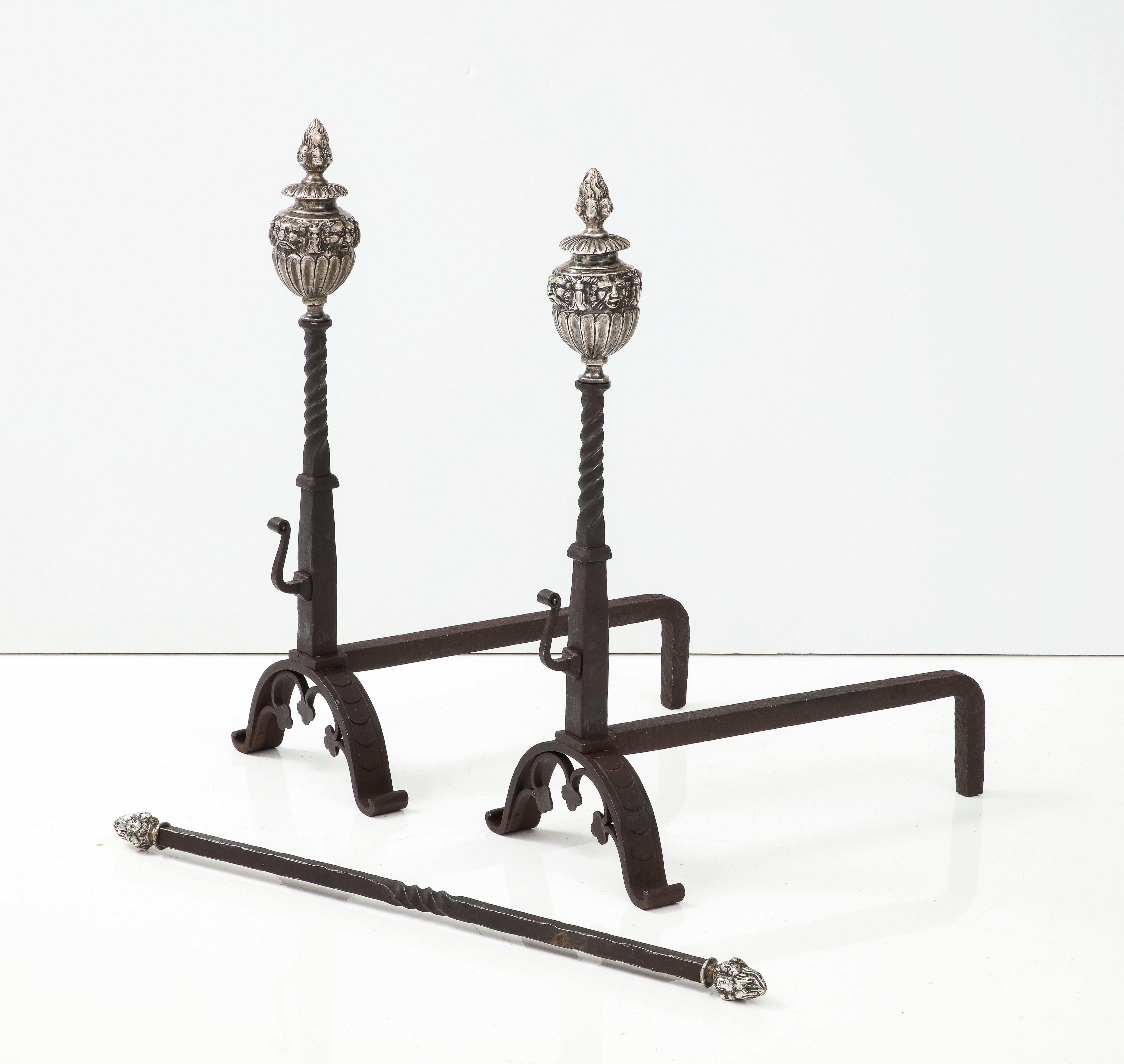 Massive 1890's Andirons with Matching Fireplace Tools with Faces For Sale 3