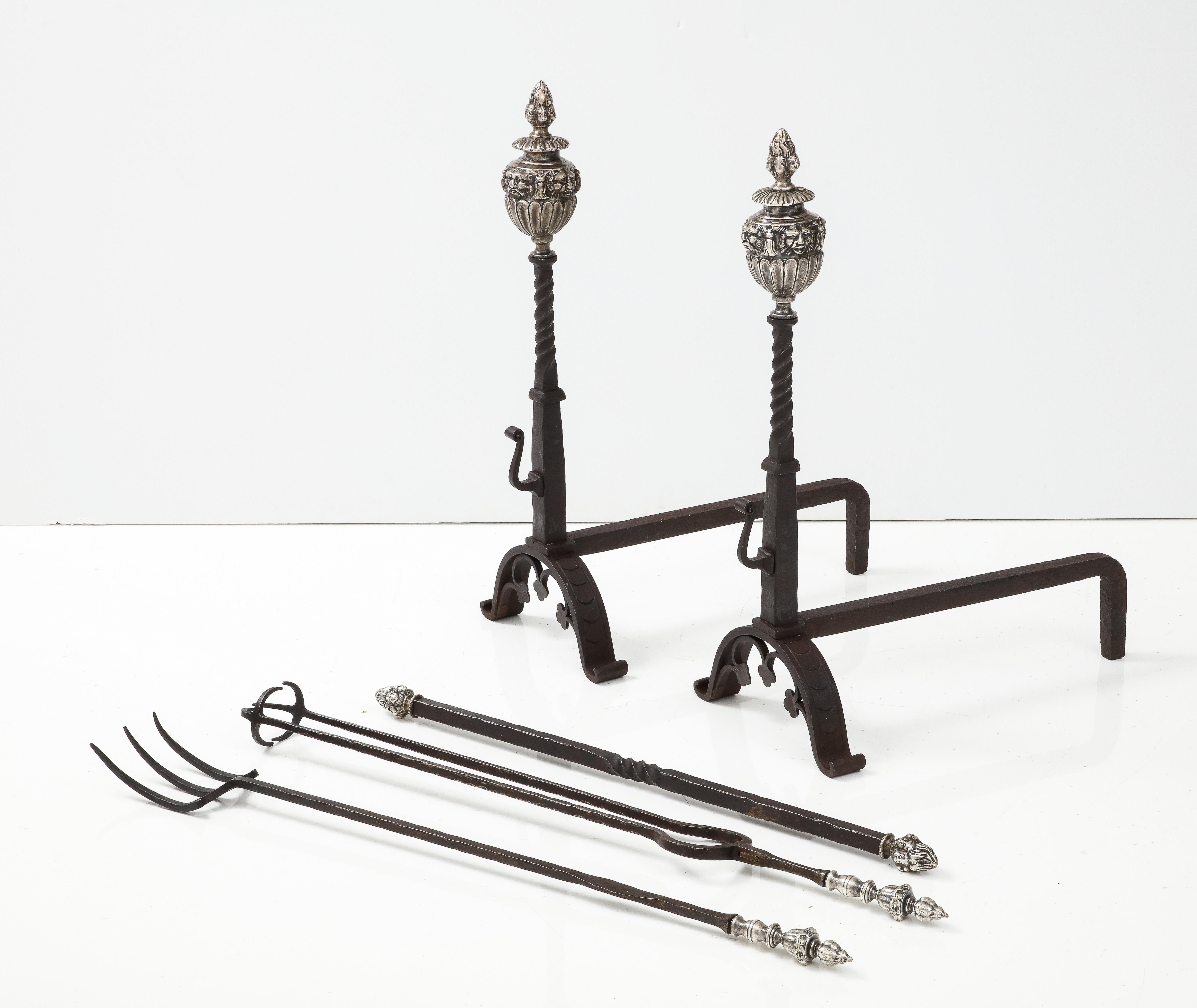Massive 1890's Andirons with Matching Fireplace Tools with Faces For Sale 4