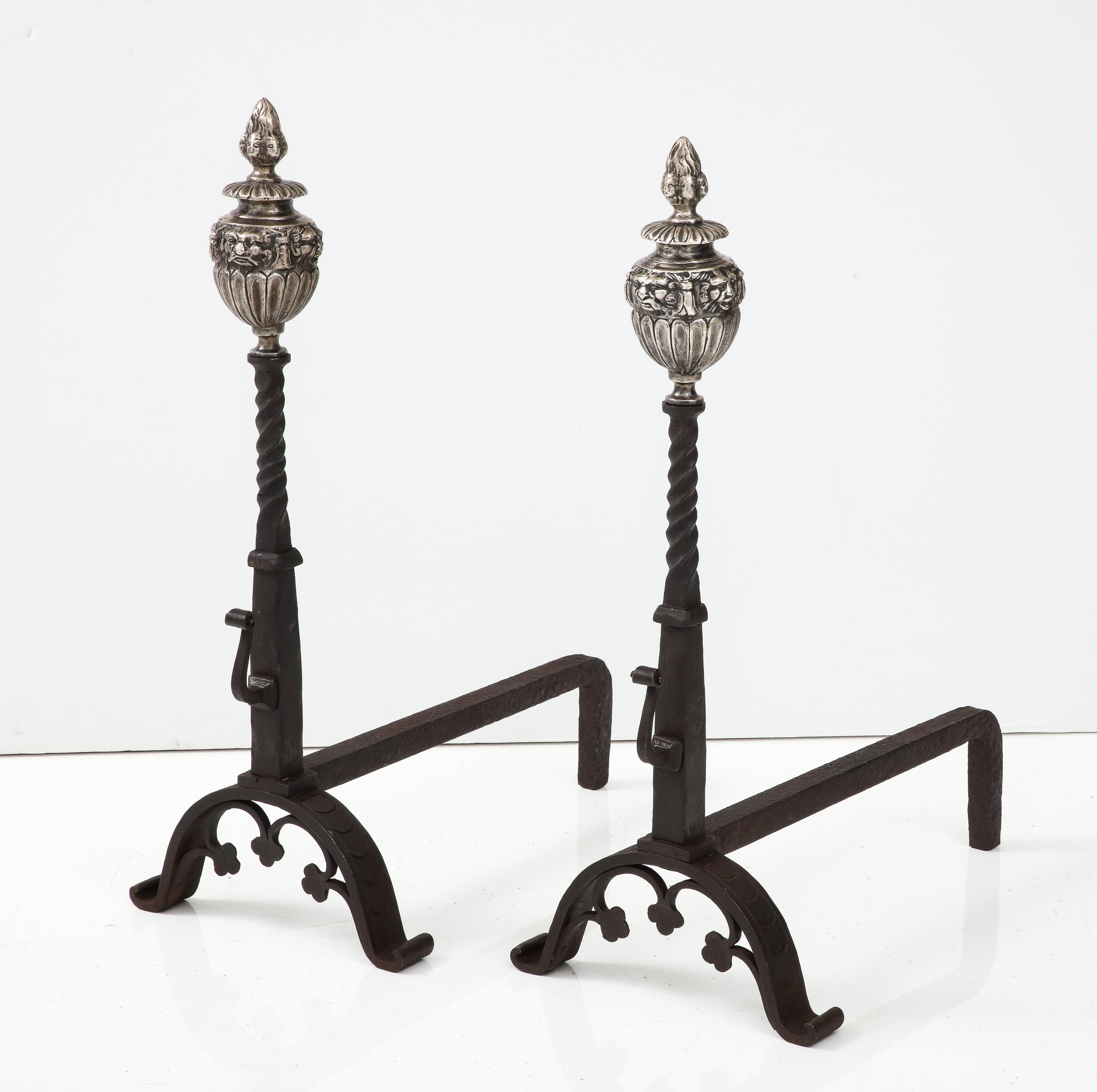 Massive 1890's Andirons with Matching Fireplace Tools with Faces For Sale 5