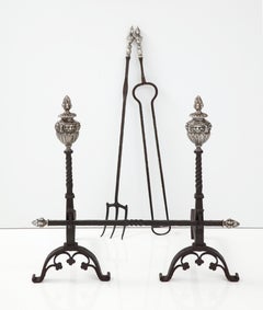 Massive 1890's Andirons with Matching Fireplace Tools with Faces
