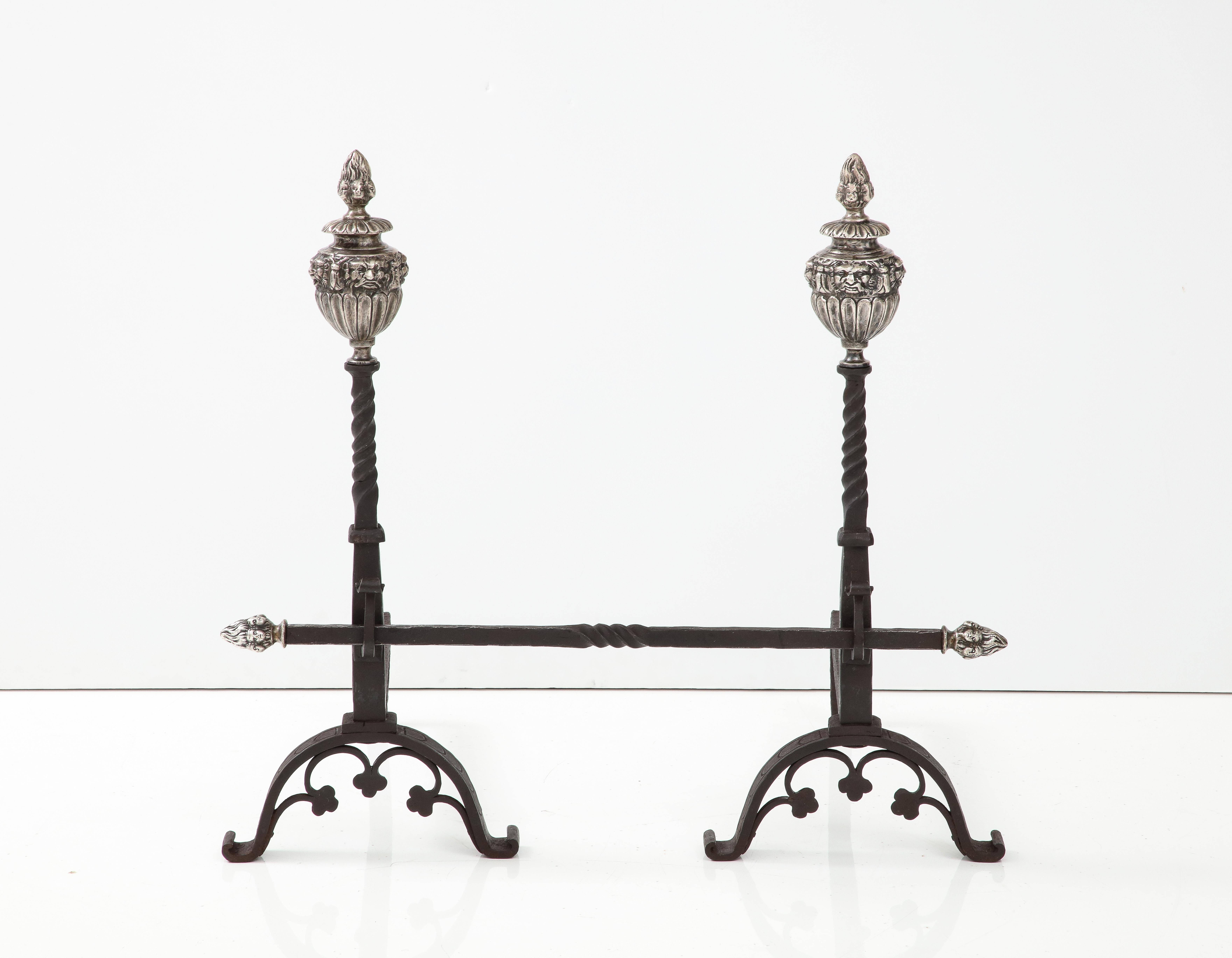 American Empire Massive 1890's Andirons with Matching Fireplace Tools with Faces For Sale