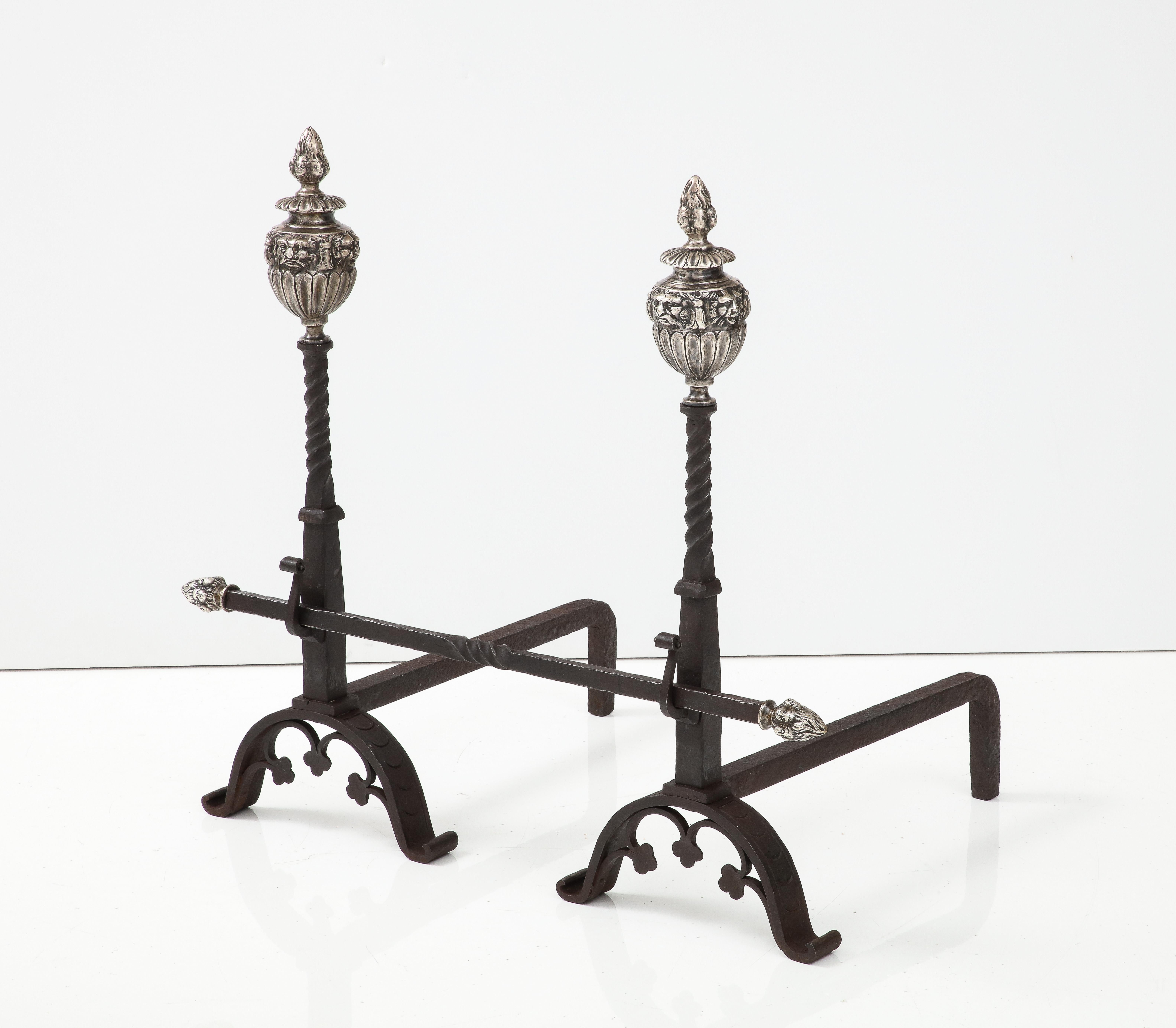 18th Century and Earlier Massive 1890's Andirons with Matching Fireplace Tools with Faces For Sale