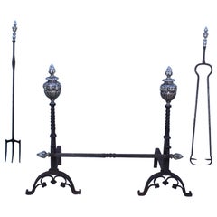 Massive 1890's Andirons with Matching Fireplace Tools with Faces