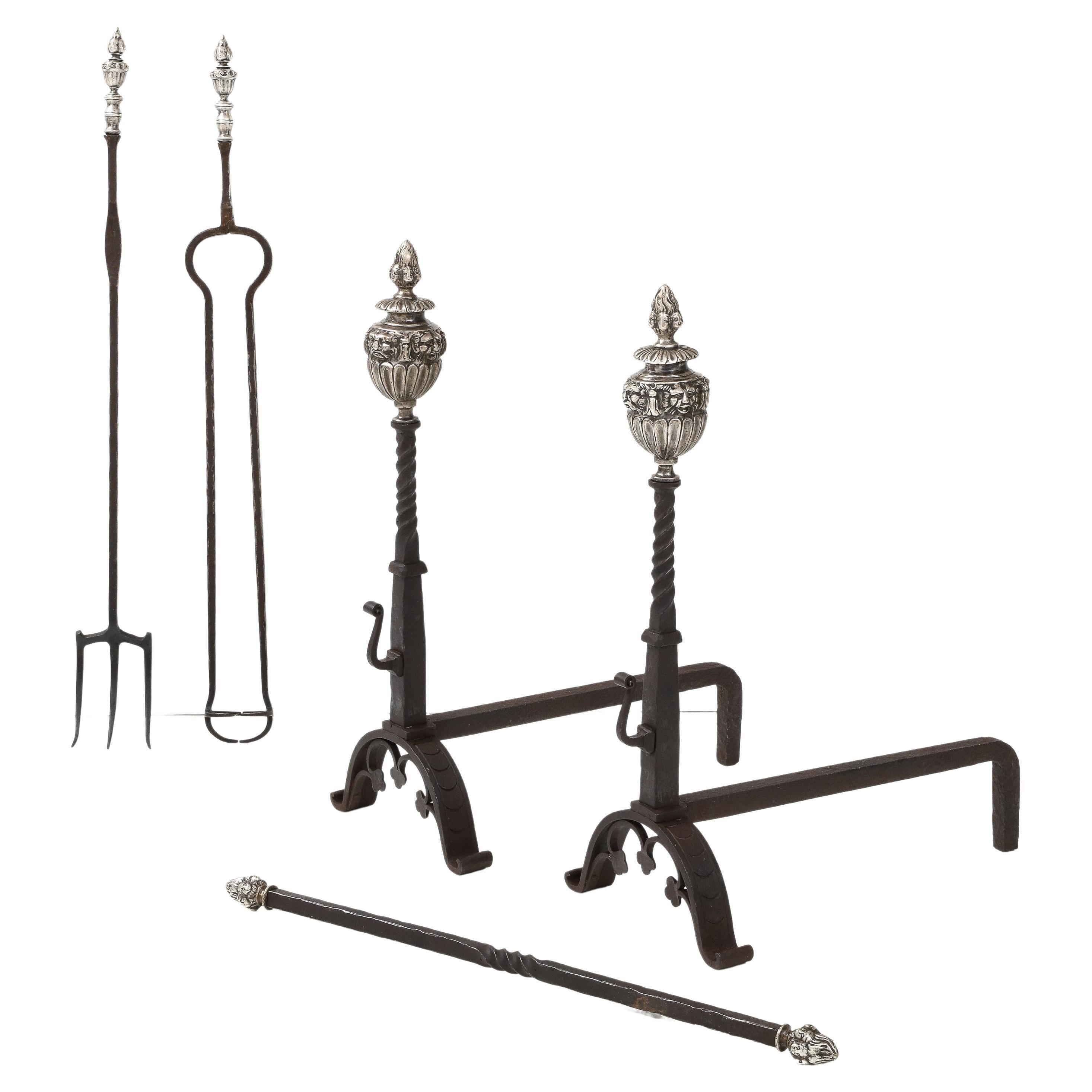 Massive 1890's Andirons with Matching Fireplace Tools with Faces For Sale