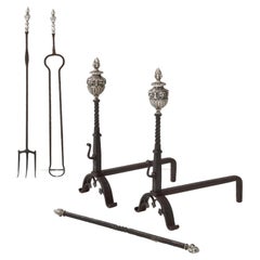 Massive 1890's Andirons with Matching Fireplace Tools with Faces