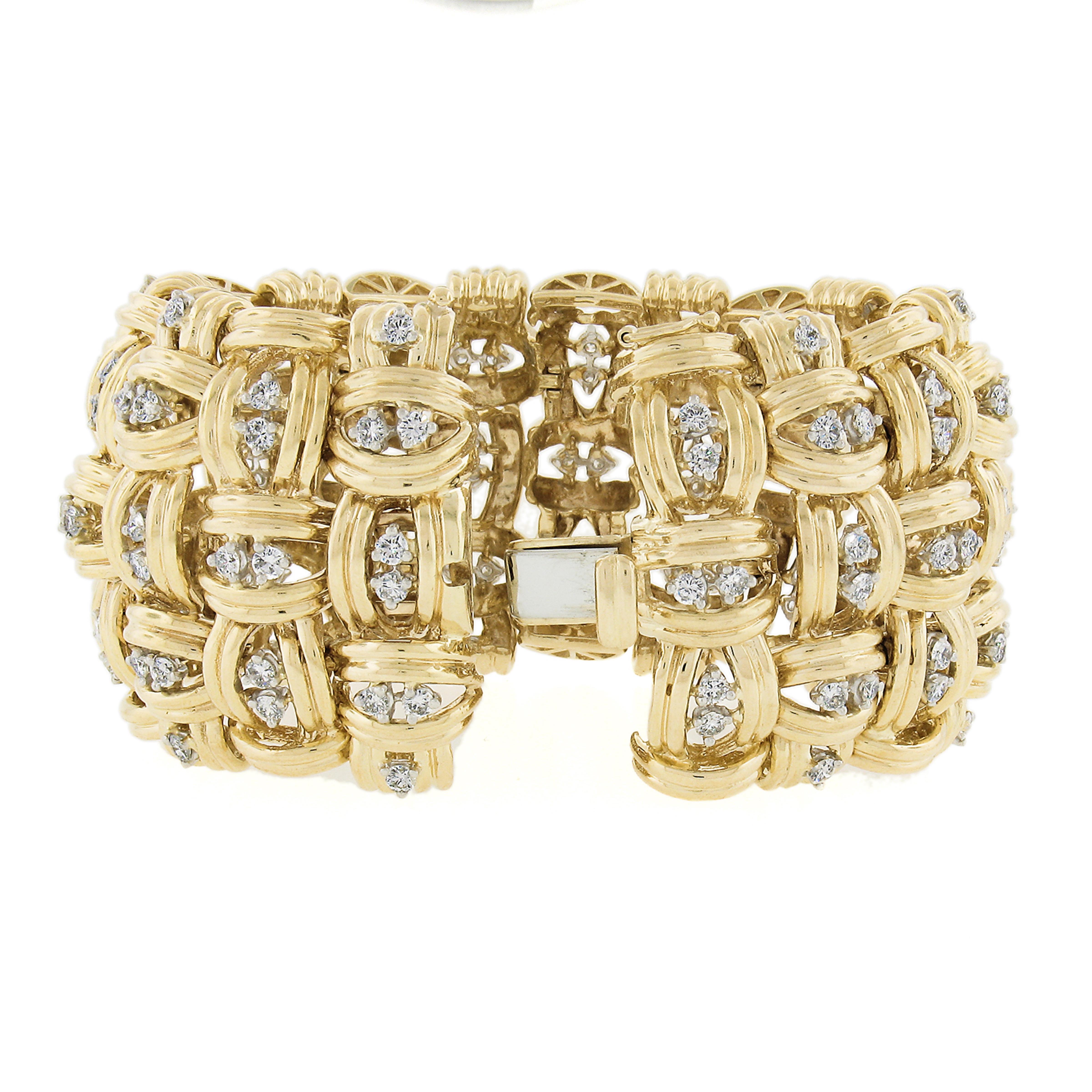 Round Cut MASSIVE 18K Gold 11CTW Diamond Large Wide Basket Weave Link Statement Bracelet