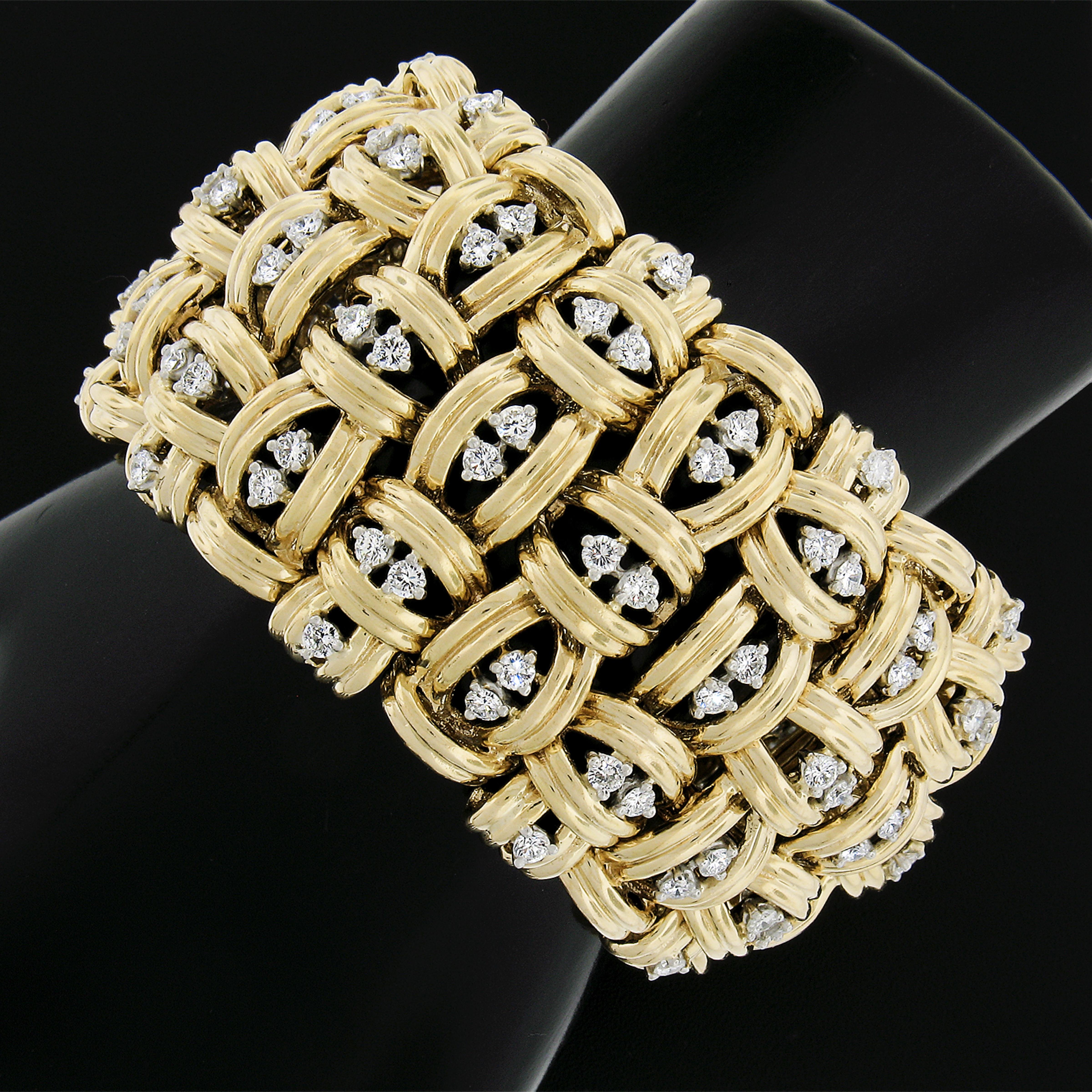 MASSIVE 18K Gold 11CTW Diamond Large Wide Basket Weave Link Statement Bracelet 3