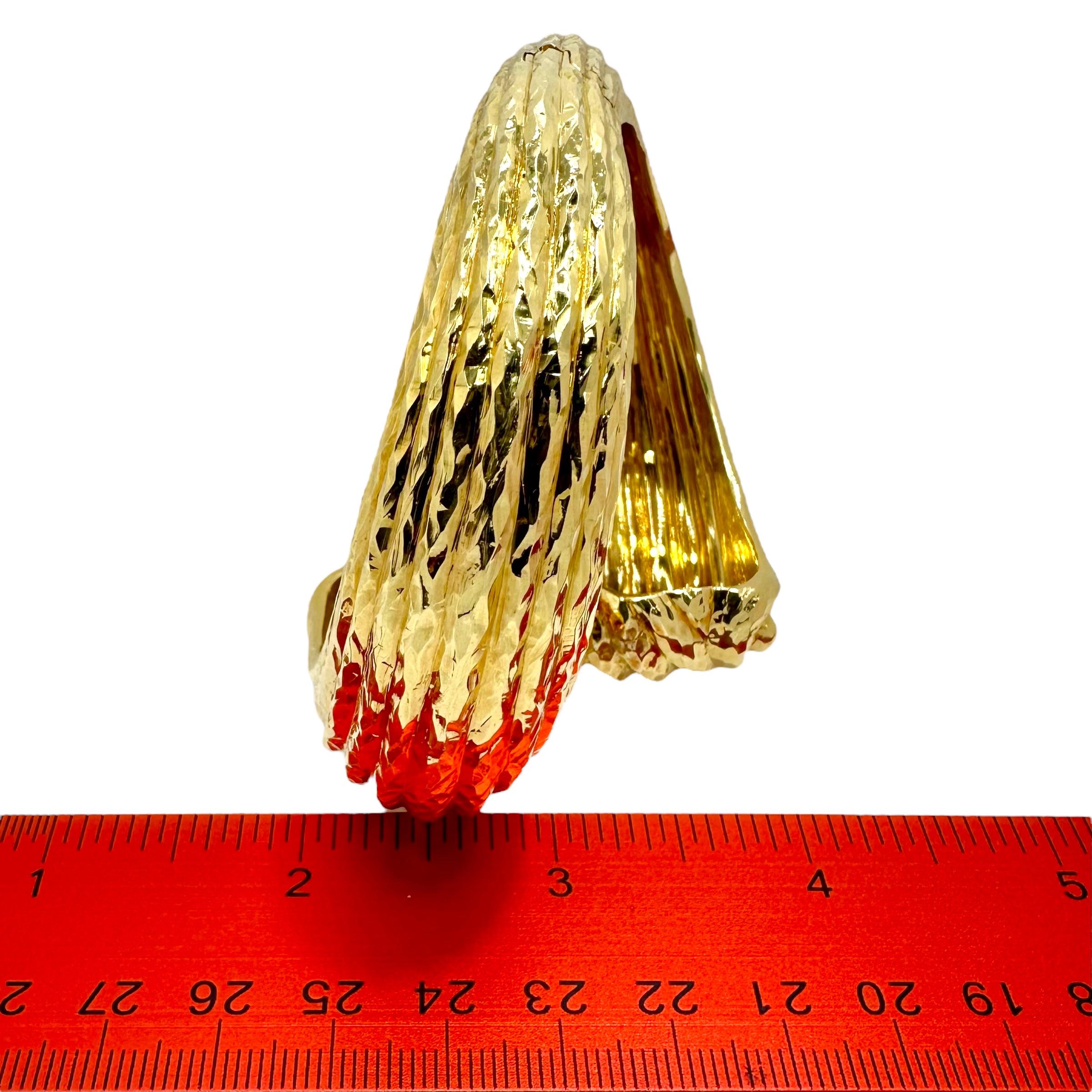 Massive 18K Hammered Finish Yellow Gold, Scroll Motif, Bypass Cuff Bracelet For Sale 5
