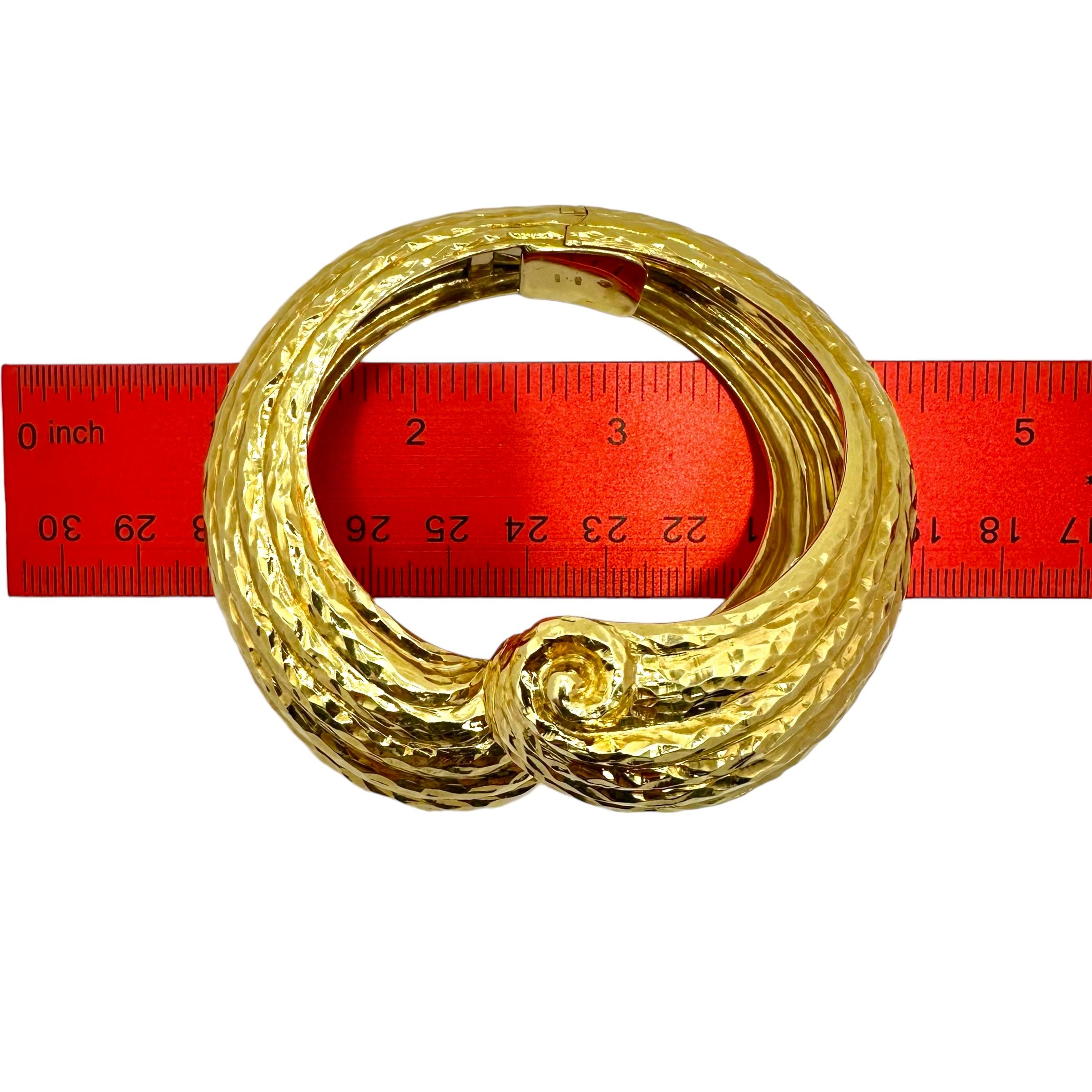 Massive 18K Hammered Finish Yellow Gold, Scroll Motif, Bypass Cuff Bracelet For Sale 6