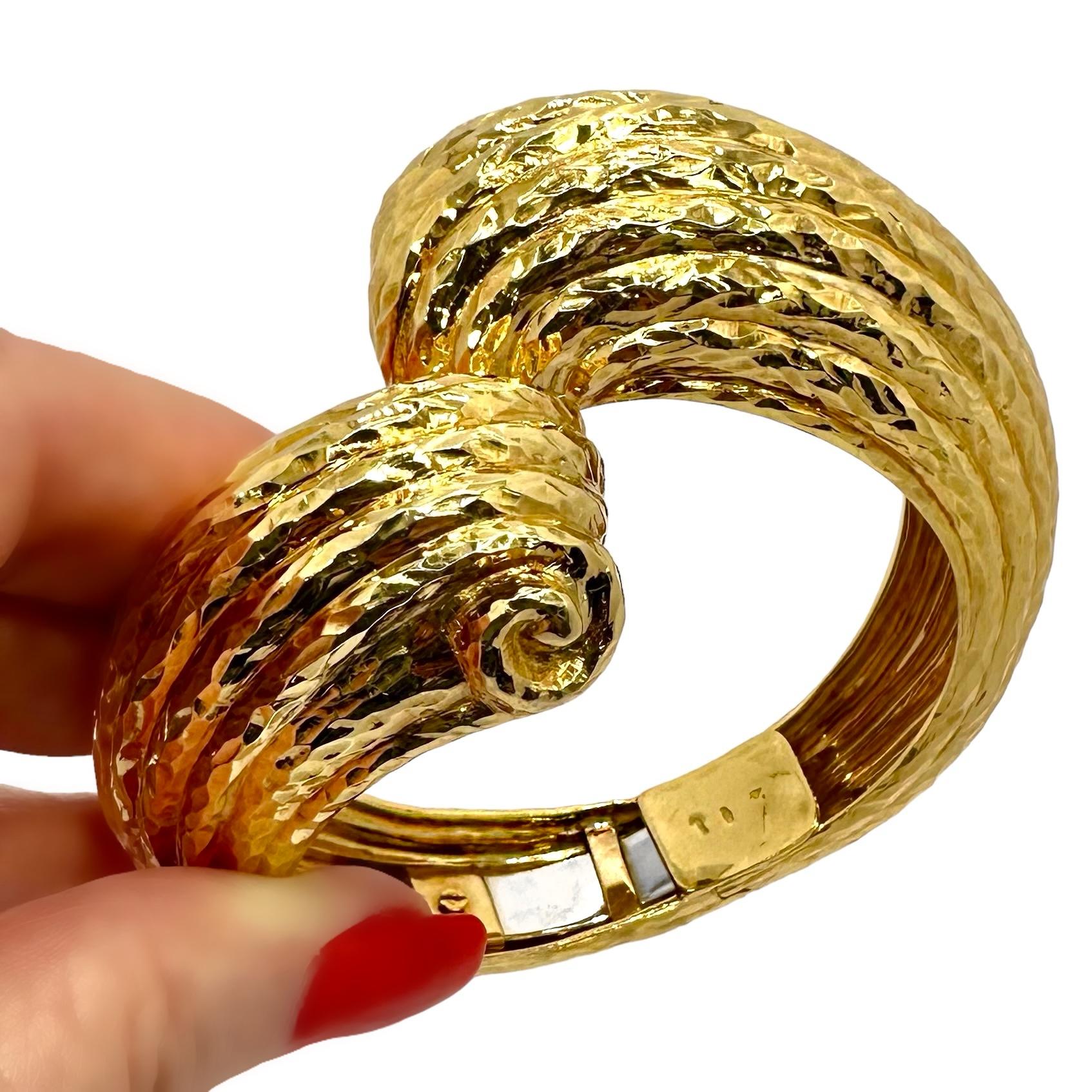 Massive 18K Hammered Finish Yellow Gold, Scroll Motif, Bypass Cuff Bracelet For Sale 7