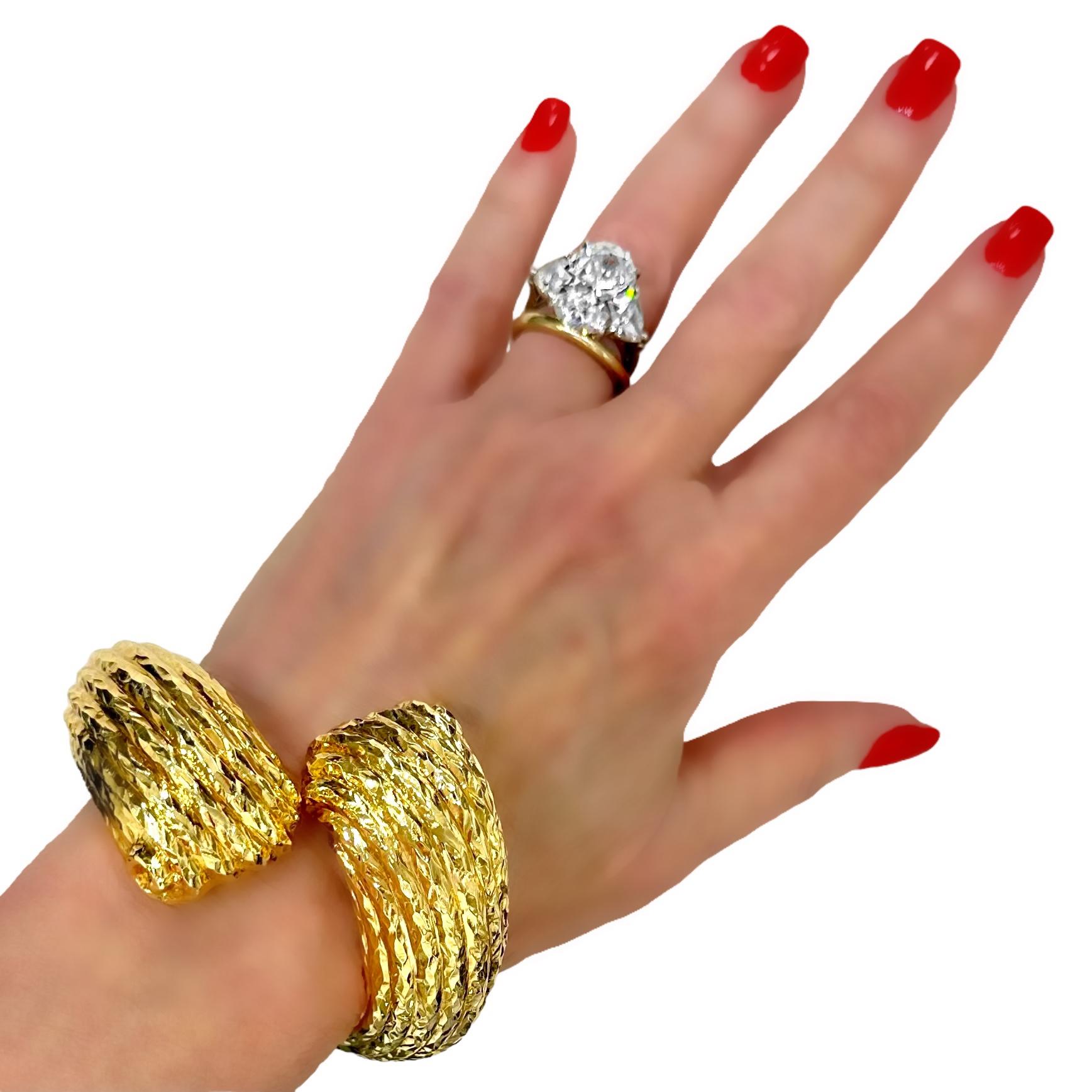 Massive 18K Hammered Finish Yellow Gold, Scroll Motif, Bypass Cuff Bracelet For Sale 8