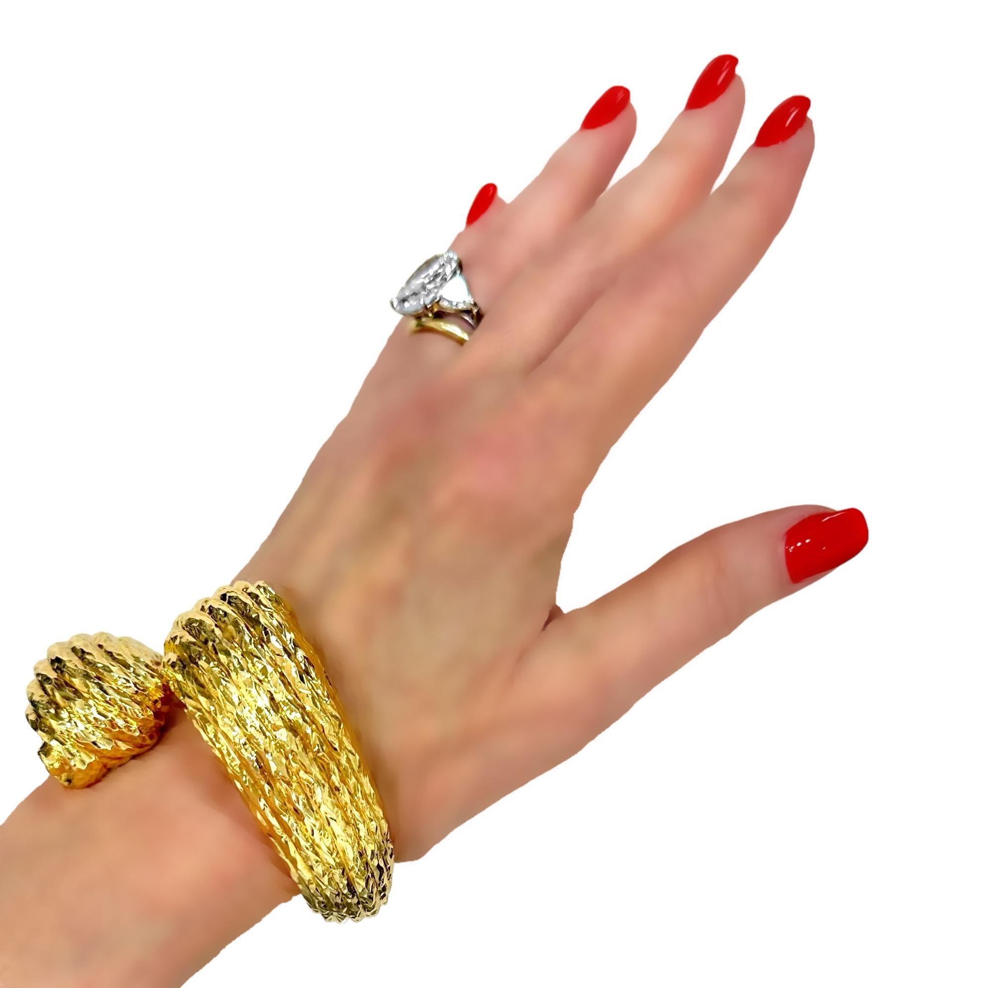Massive 18K Hammered Finish Yellow Gold, Scroll Motif, Bypass Cuff Bracelet For Sale 9