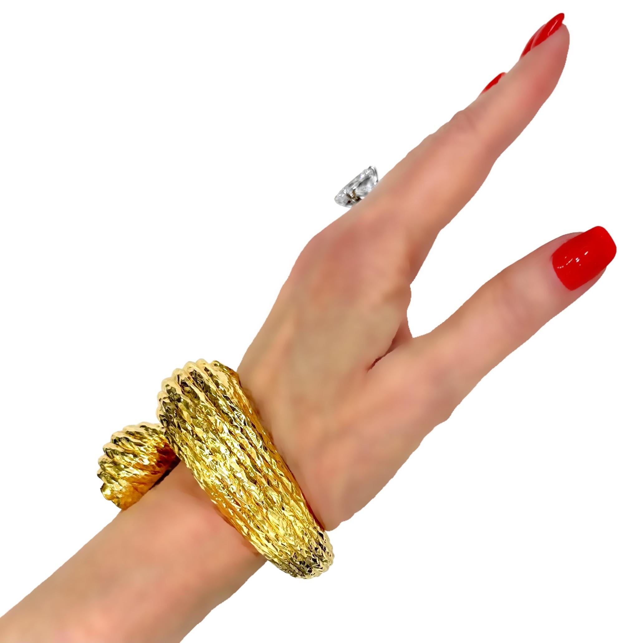 Massive 18K Hammered Finish Yellow Gold, Scroll Motif, Bypass Cuff Bracelet For Sale 10