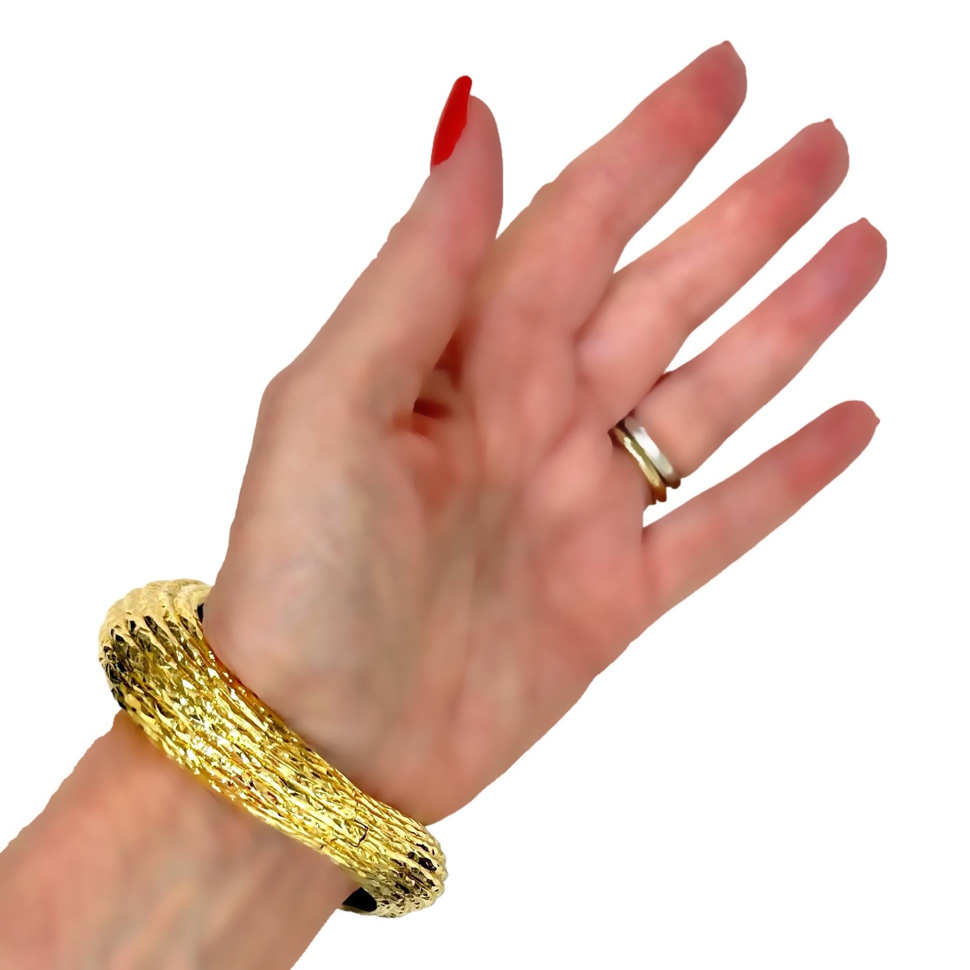 Massive 18K Hammered Finish Yellow Gold, Scroll Motif, Bypass Cuff Bracelet For Sale 11