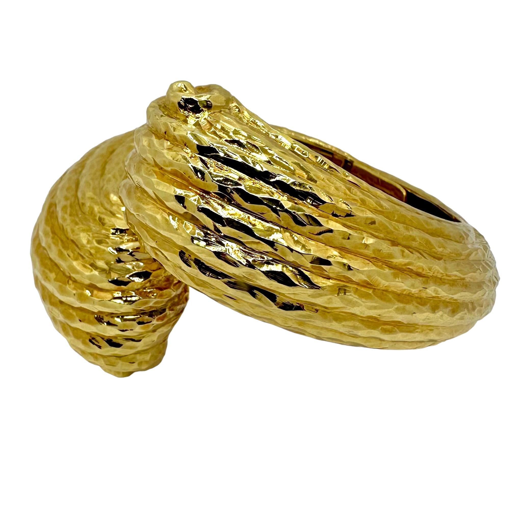 Modern Massive 18K Hammered Finish Yellow Gold, Scroll Motif, Bypass Cuff Bracelet For Sale