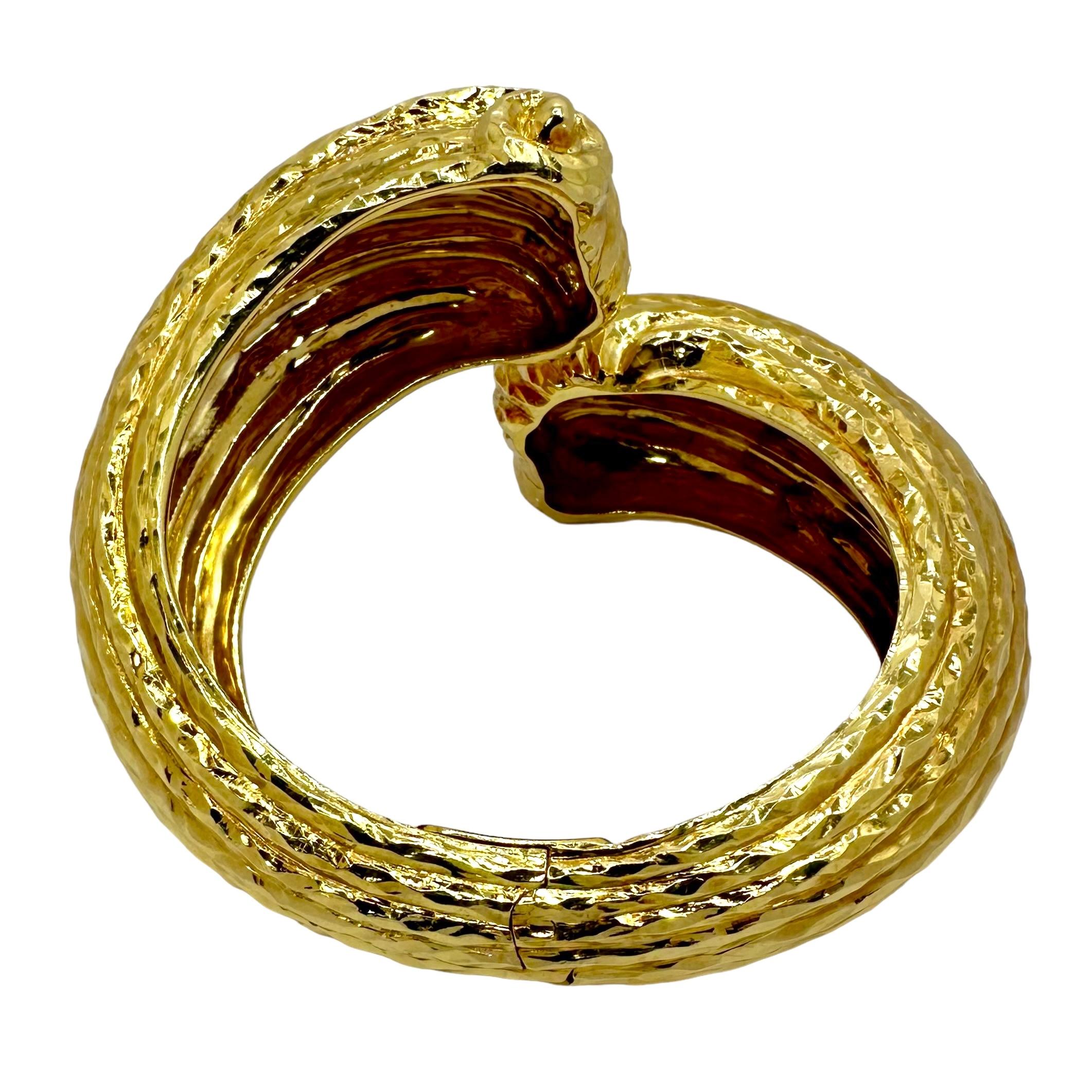 Women's or Men's Massive 18K Hammered Finish Yellow Gold, Scroll Motif, Bypass Cuff Bracelet For Sale