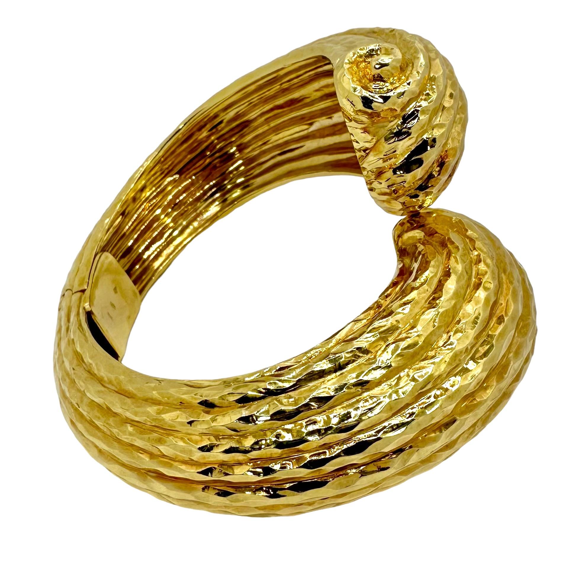 Massive 18K Hammered Finish Yellow Gold, Scroll Motif, Bypass Cuff Bracelet For Sale 1