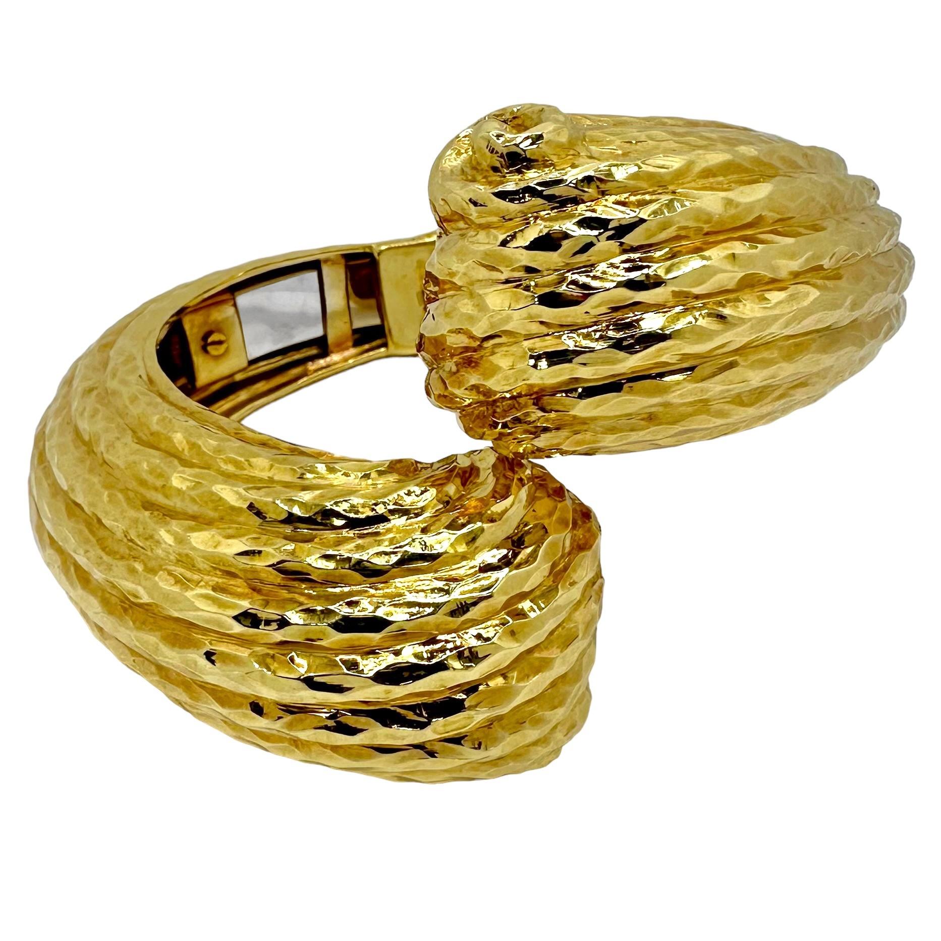 Massive 18K Hammered Finish Yellow Gold, Scroll Motif, Bypass Cuff Bracelet For Sale 2