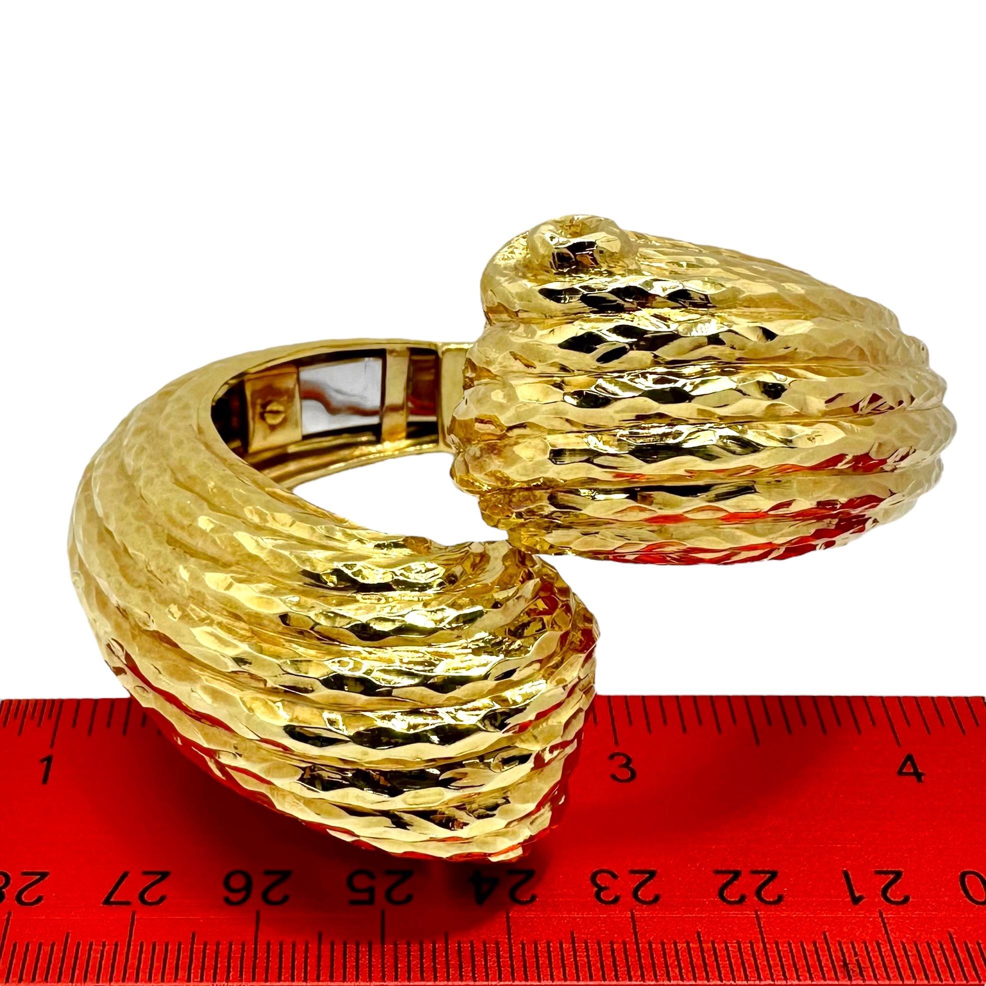 Massive 18K Hammered Finish Yellow Gold, Scroll Motif, Bypass Cuff Bracelet For Sale 4