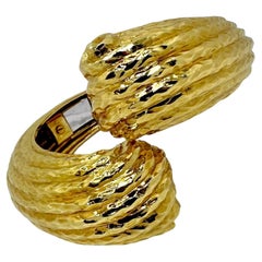 Massive 18K Hammered Finish Yellow Gold, Scroll Motif, Bypass Cuff Bracelet