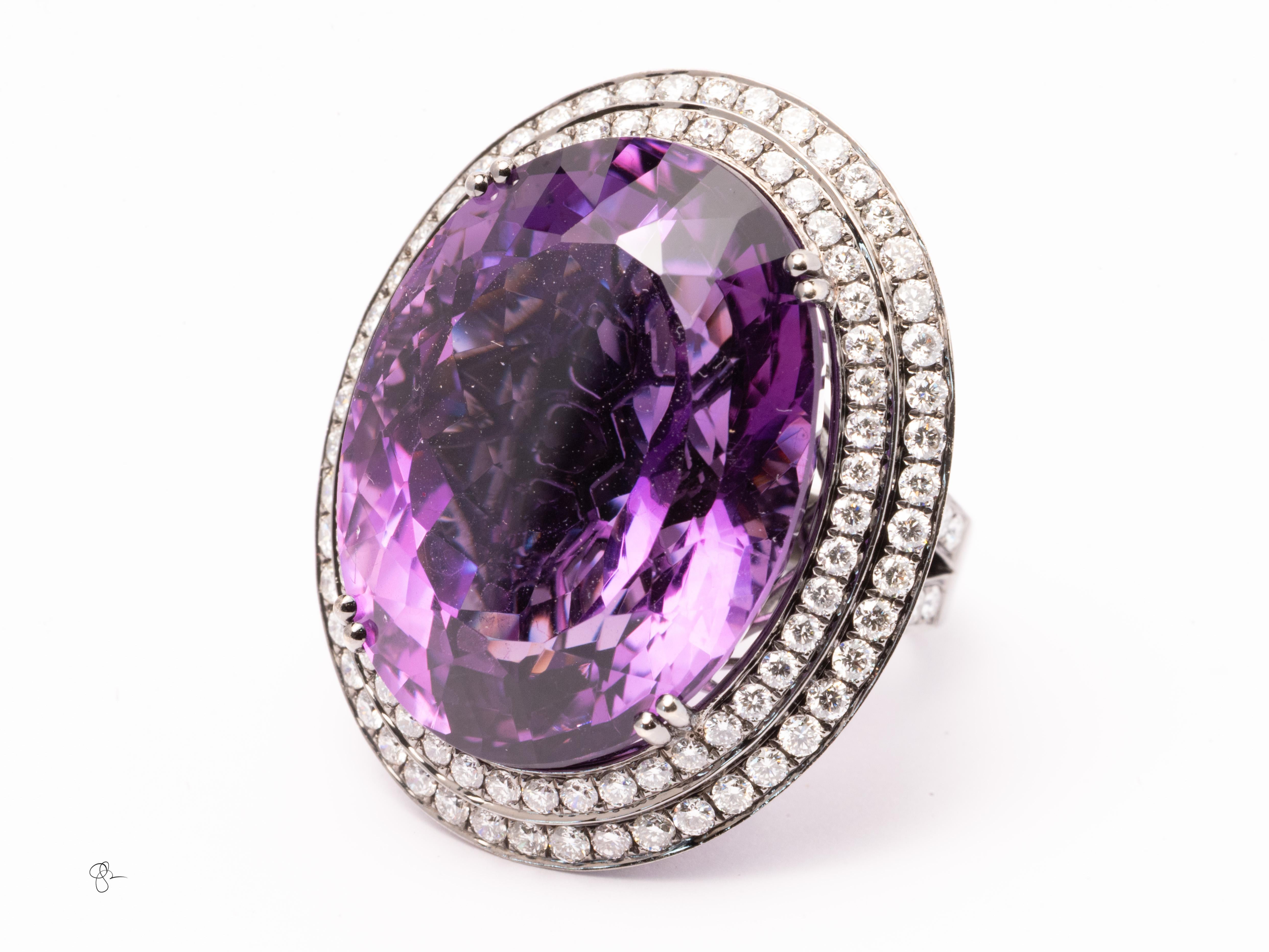 Massive 18k White Gold Amethyst Ring 5.5ct Natural Diamonds 30.1g Cocktail Ring For Sale 1