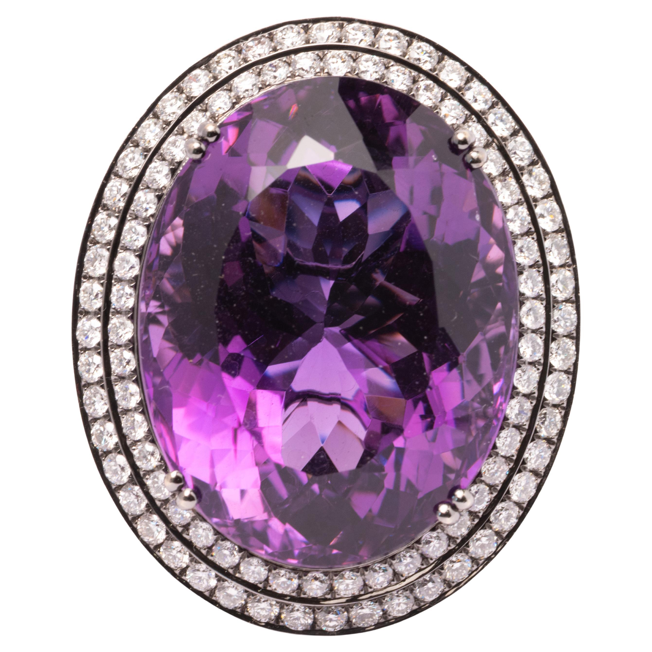 Massiccio anello di ametista in oro bianco 18 carati con 5,5 carati di diamanti naturali 30,1 g di anello da cocktail