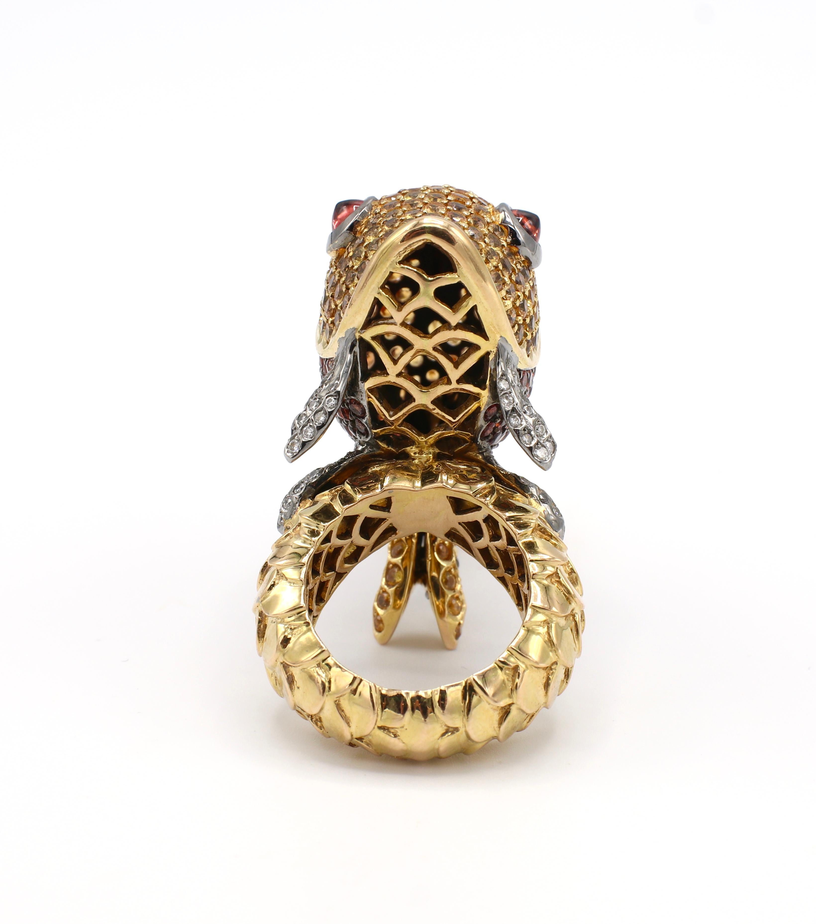 Modern Massive 18 Karat Yellow Gold Gemstone and Diamond Fish Cocktail Ring