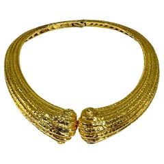 Massive 18K Yellow Gold, Hammered Finish, Italian Scroll Motif Choker Necklace