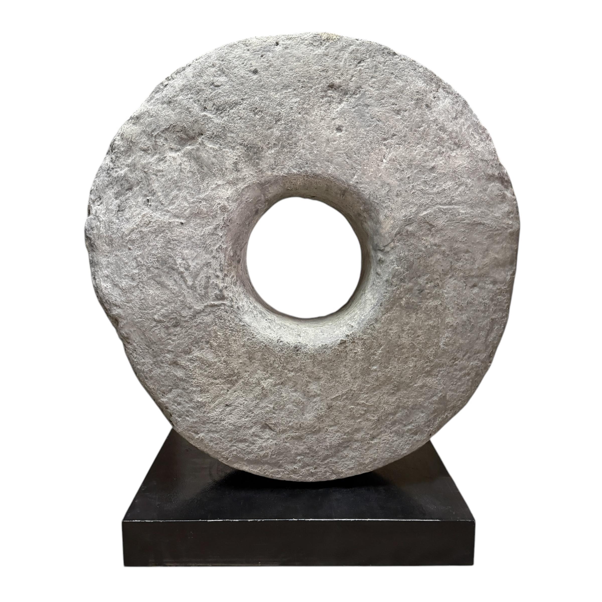 Primitive Massive 18th Century Limestone Grinding Stone on Custom Steel Mount For Sale