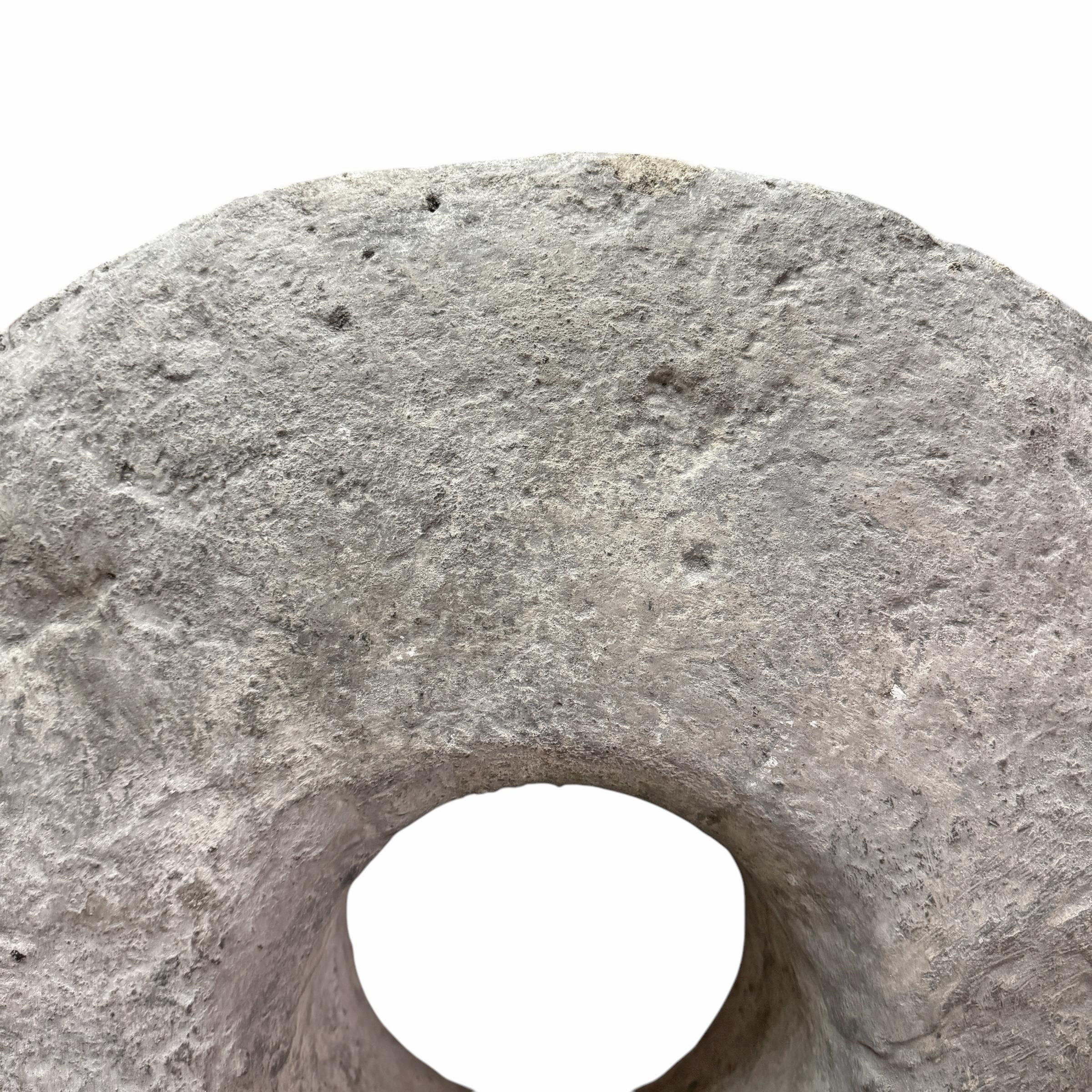 Massive 18th Century Limestone Grinding Stone on Custom Steel Mount In Good Condition For Sale In Chicago, IL