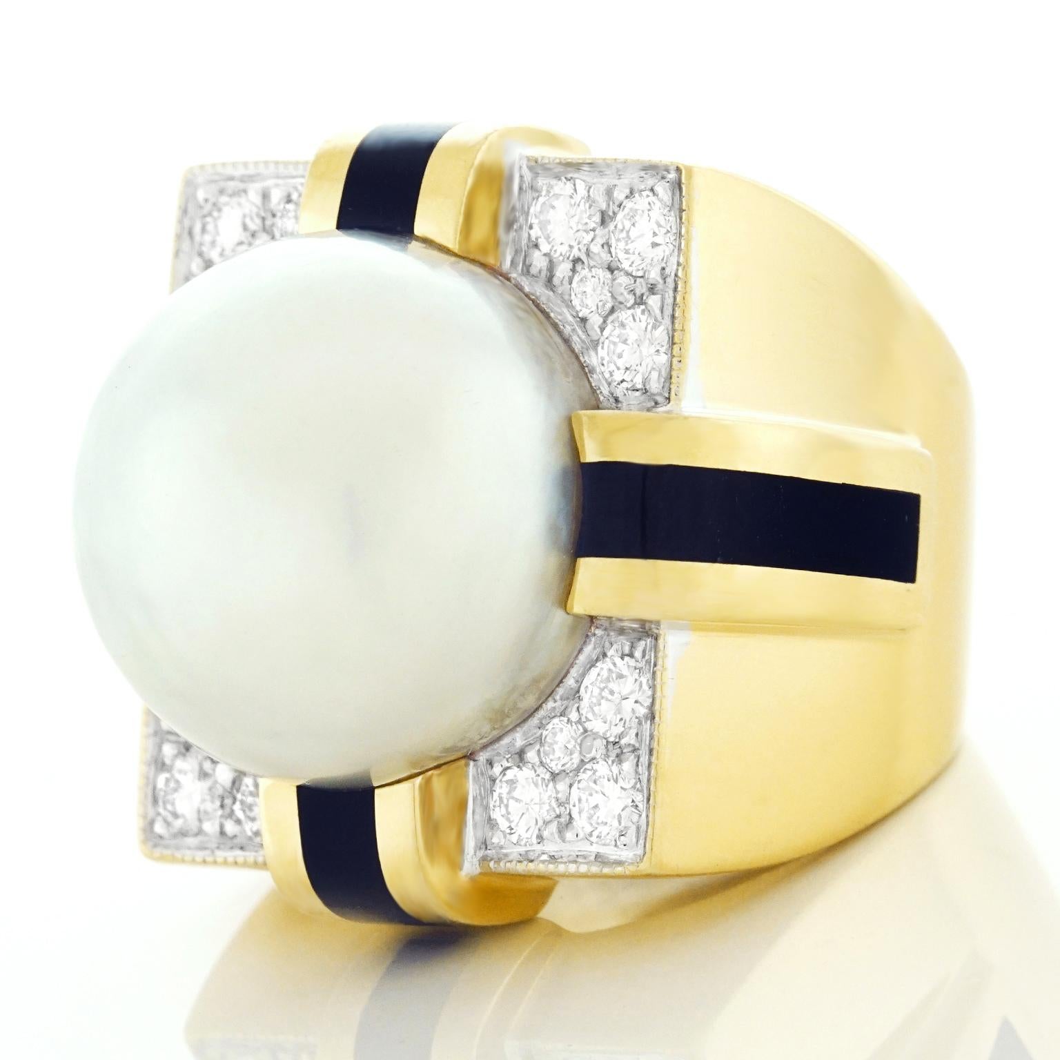 Massive 1960s Diamond, Pearl and Enamel Gold Ring In Excellent Condition In Litchfield, CT