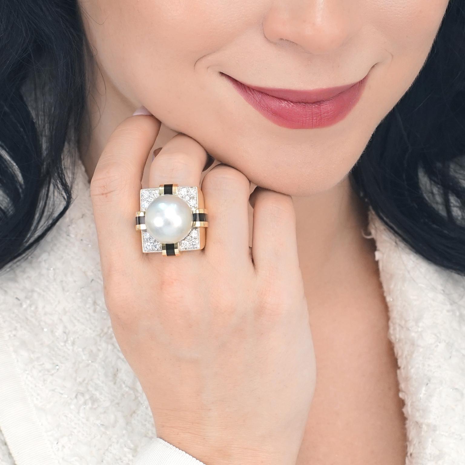 Women's Massive 1960s Diamond, Pearl and Enamel Gold Ring